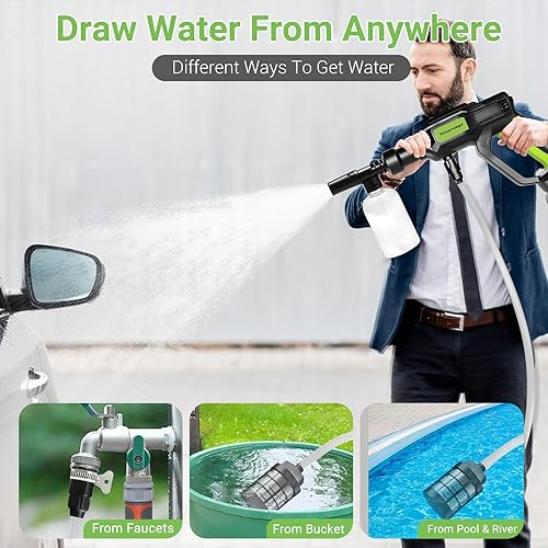 Miniatura 6 de Lavadora a presión portátil inalámbrica, limpiador eléctrico de mano alimentado por batería de 4.0 Ah con motor sin escobillas de 1200 PSI, boquilla