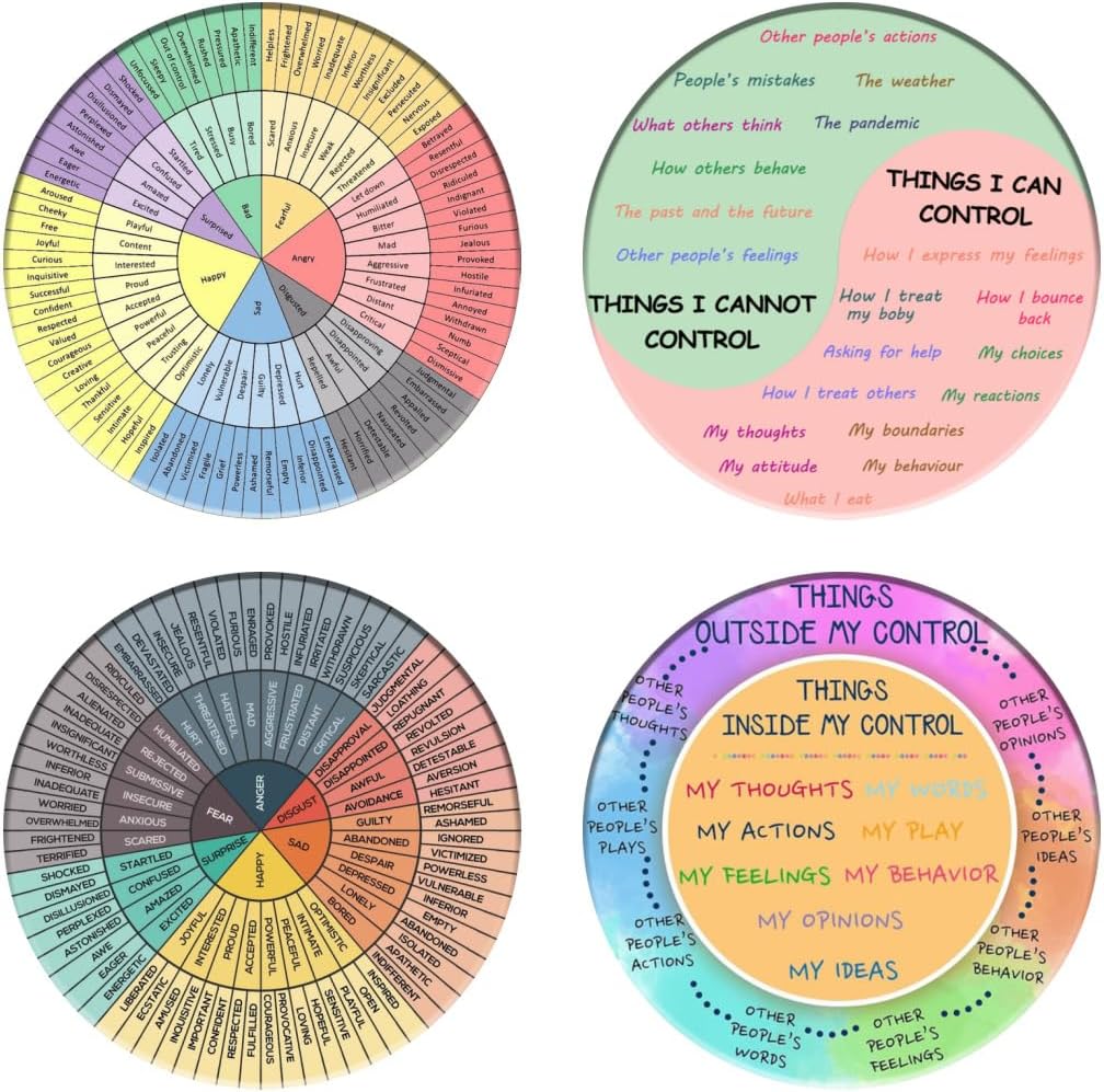 Wheel of Emotions Coasters for Drinks, Absorbent Stone Coasters with Ceramic Cork Base for Kinds of Mugs and Cups, for Coffee Table Housewarming Gift Home Decor Counselor Therapist Gifts (Set of 4)