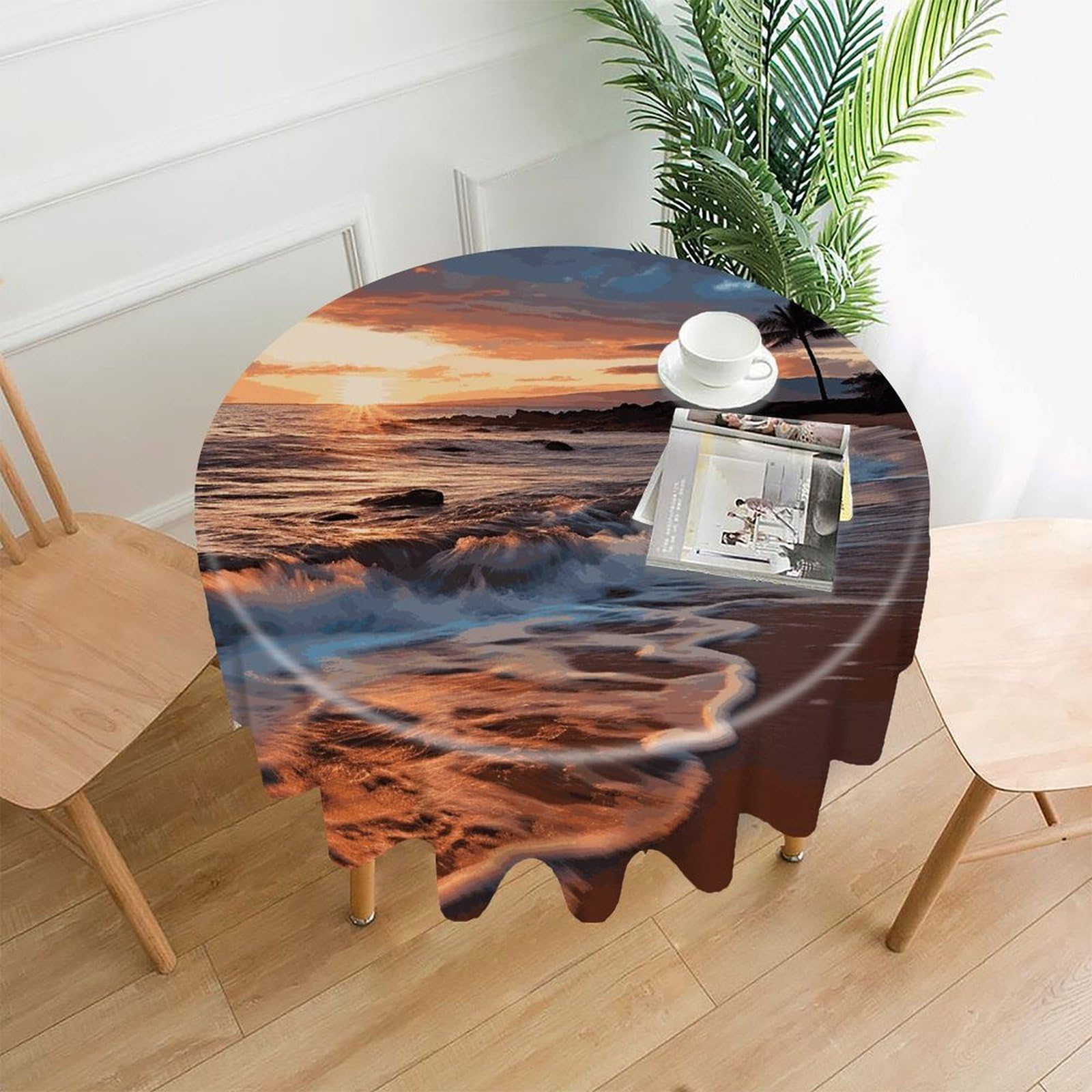 MUSM 60 Inch Beach Maui Hawaii Sunset Sea Waves Clouds Round Tablecloth Wipeable Washable Table Cover for Kitchen and Dining Room Decorative Table Cloth for Party Holiday Picnic Outdoor
