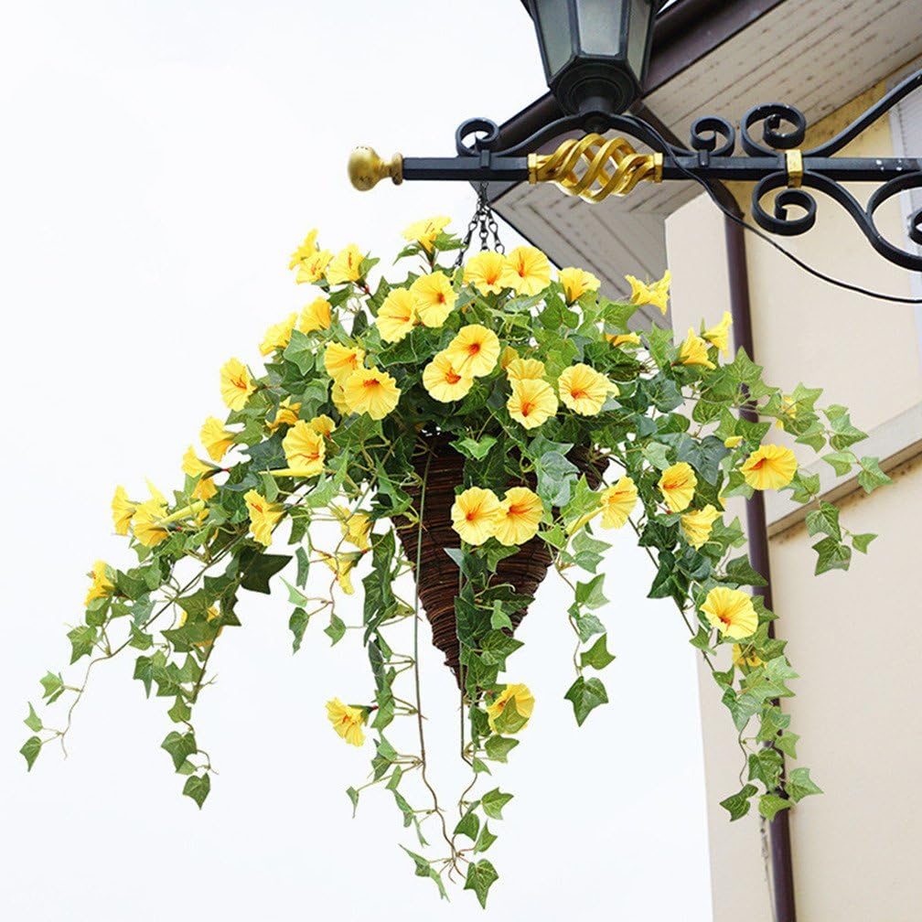 Hanging Artificial English Ivy Plant for Home Veranda Decoration Hanging Basket Artificial Silk Morning Glory Flower Vines Yellow