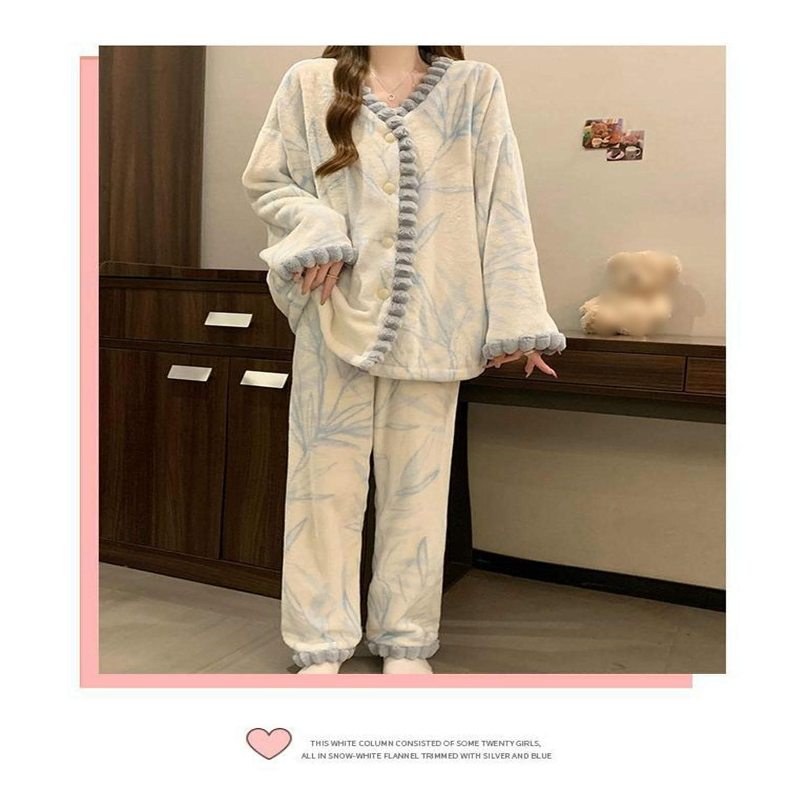 Pigiama da Donna in Pile Corallo, Set di Abbigliamento Casa Caldo E Addensato per L'autunno l'inverno -Verde-l
