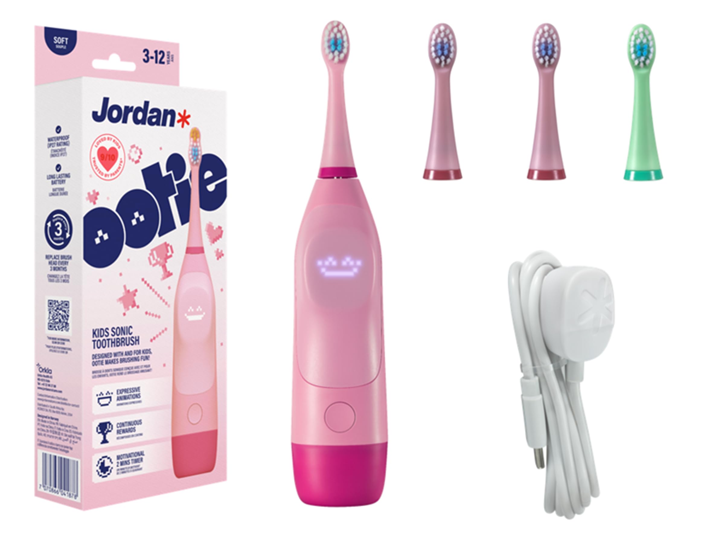 Jordan | OOTIE | Spazzolino da denti sonoro per bambini 3-12 anni | 2 testine (Gentle & Precision), luce sensore di pressione, timer da 2 minuti con segnale di 30 secondi, display con animazioni
