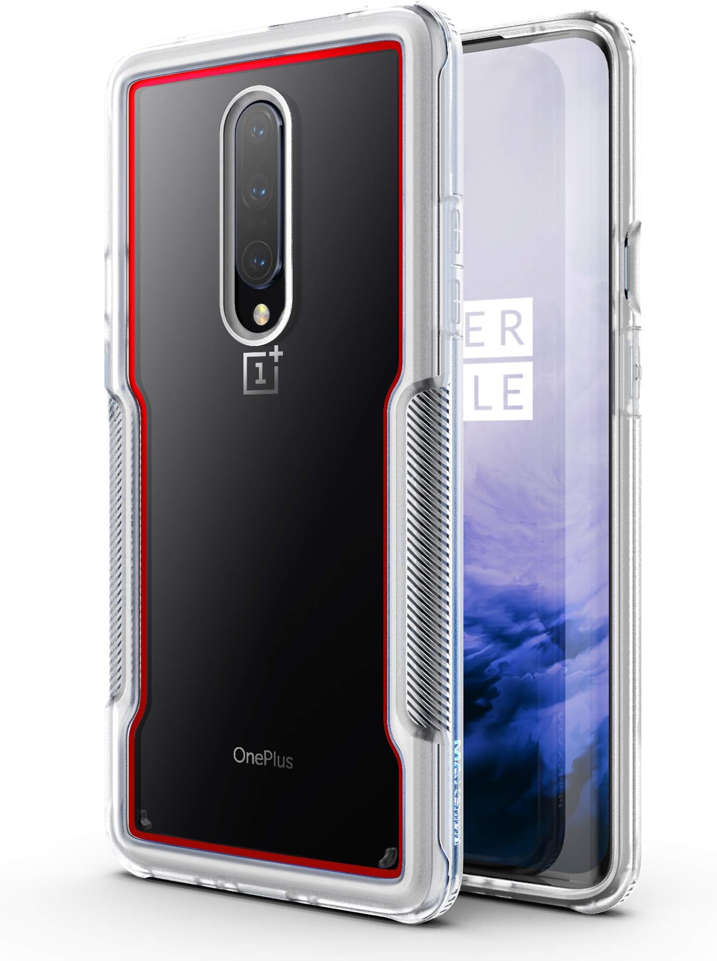 Compatible with OnePlus 7 Pro Case, Premium Hybrid Shockproof Protective Slim Clear Bumper Case [Razor X Series]-Clear/Red