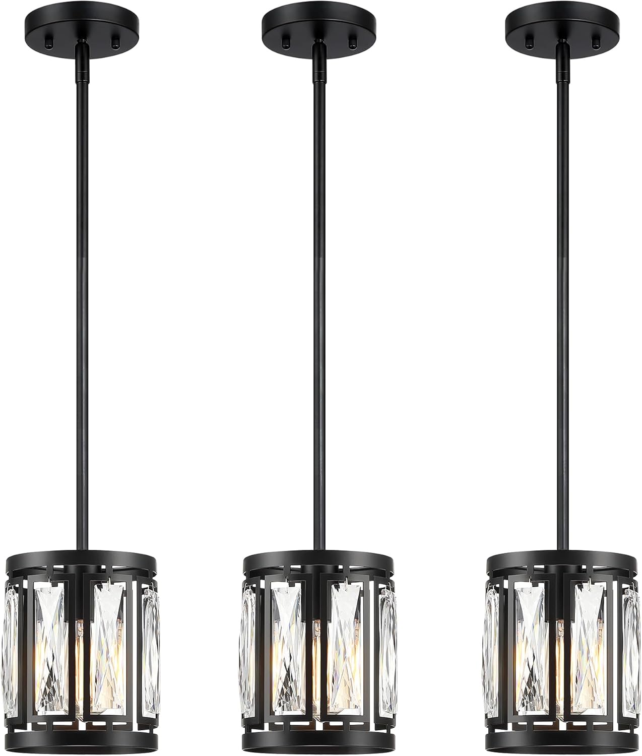 Crystal Pendant Lighting Fixture Matte Black Drum Shade Chandelier,3-Pack Pendant Lights for Kitchen Island Modern Ceiling Lights for Living Room