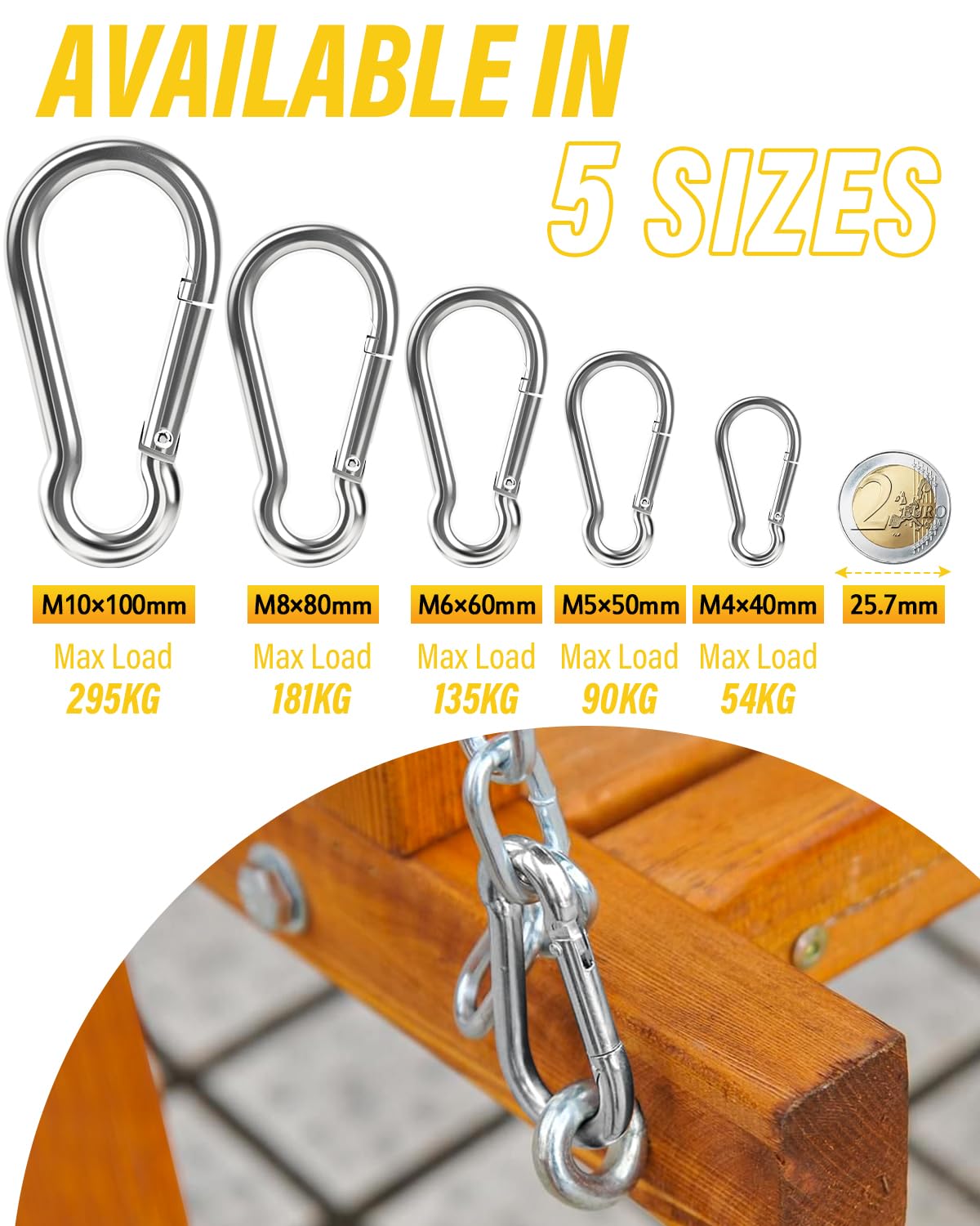Caianwin Mosquetón M4 M5 M6 M8 M10 resistente mosquetón galvanizado con gancho de muelle, para mochila, correa de perro, camping, viajes, senderismo