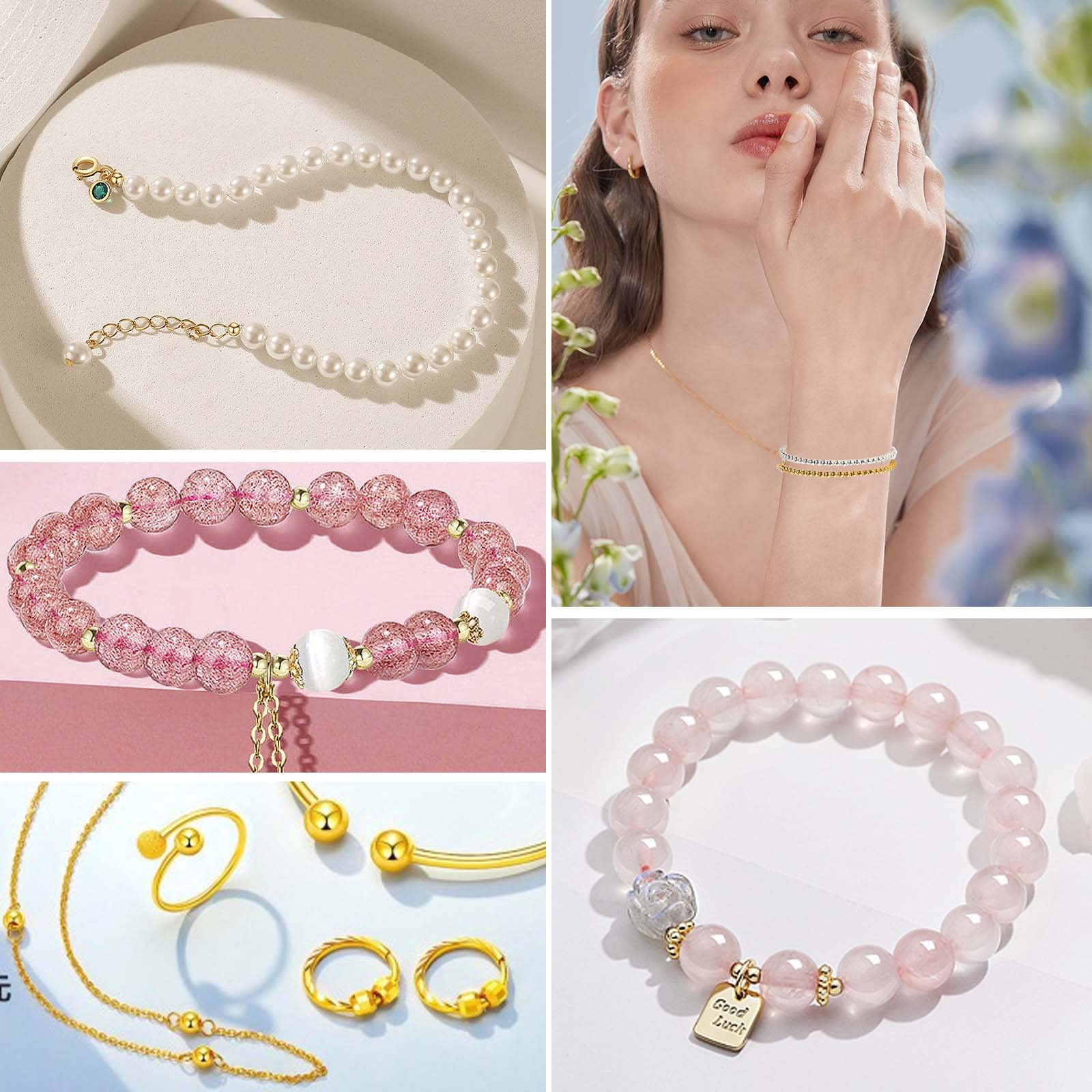 Lot de 1200 perles rondes de 4 mm pour bracelets bijoux, entretoises artisanales en or avec trou pour collier de bricolage (or, argent