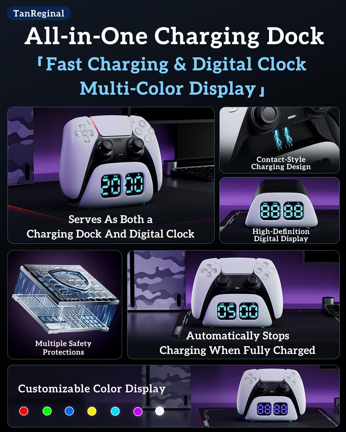 P5 Controller Charger Dock，Controller Charging Station Stand Compatible with P5, Charger Station with Cable for P5 「 Fast Charging, Alarm Clock, Multiple Lighting Effects」