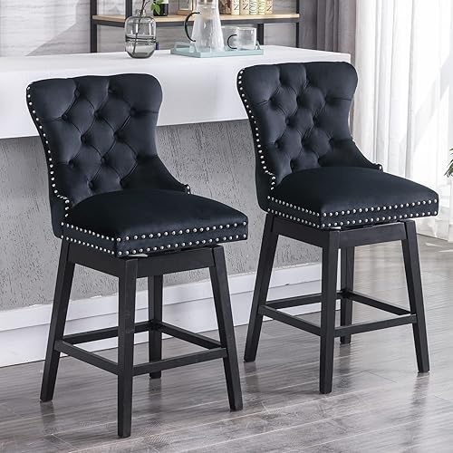 Guyou Juego de 2 taburetes giratorios tapizados para mostrador con respaldo copetudo, sillas altas de terciopelo de 27 pulgadas de altura de