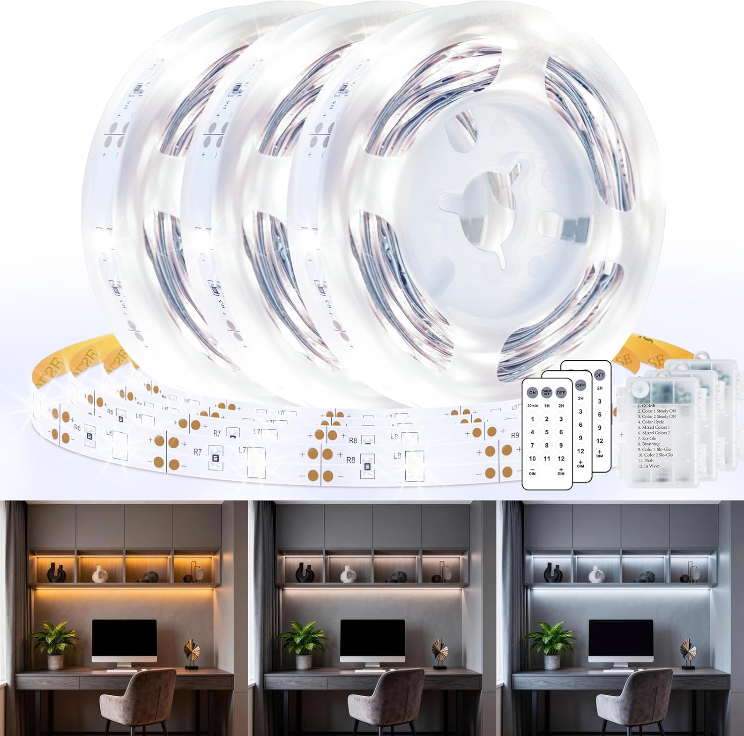 3 Pack 6.6FT LED Strip Lights Battery Powered, Warm White and Cold White LED Light Strip Battery Powered, Flexible and Cuttable Cabinet Light, LED Strip Light with Remote for Shelves Closet Kitchen