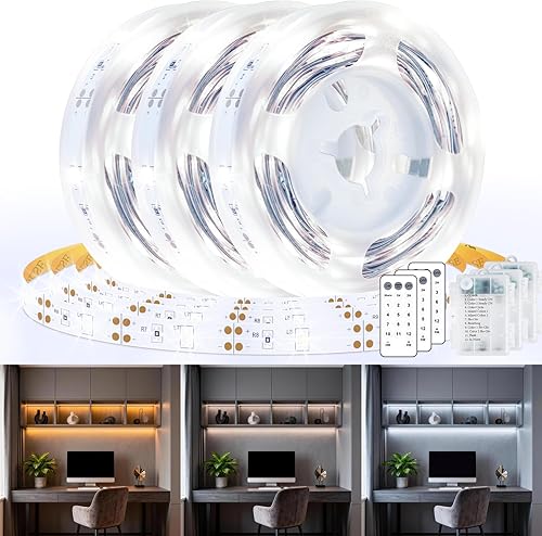 Paquete de 3 Tiras de Luces LED de 6.6 Pies Alimentadas por Batería, Tira de Luz LED Blanca Cálida y Blanca Fría Alimentada por Batería, Luz de