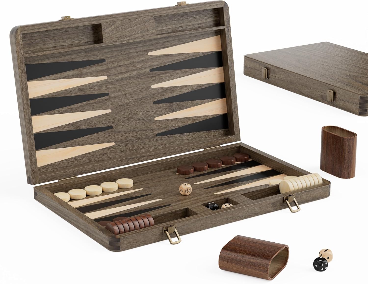 Lussuoso set da backgammon in noce, tavola in legno con custodia da viaggio, cubo doppio e borse per la conservazione