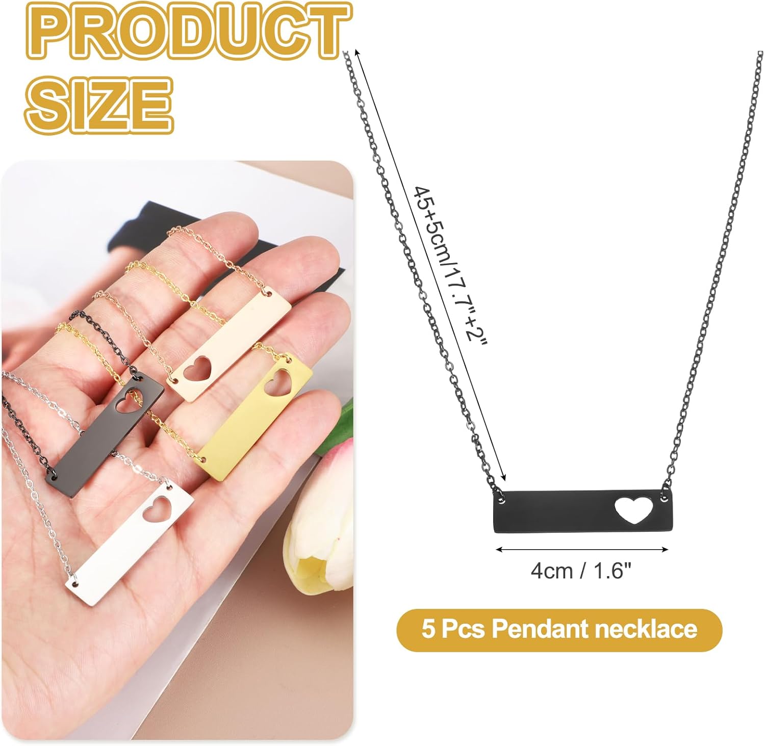 MECCANIXITY 5Pcs Initial Bar Pendant Necklace, Stainless Steel Rectangle Blank Pendant Necklace, Heart Bar Charm for Woman Gifts Jewelry, Black - Image 2
