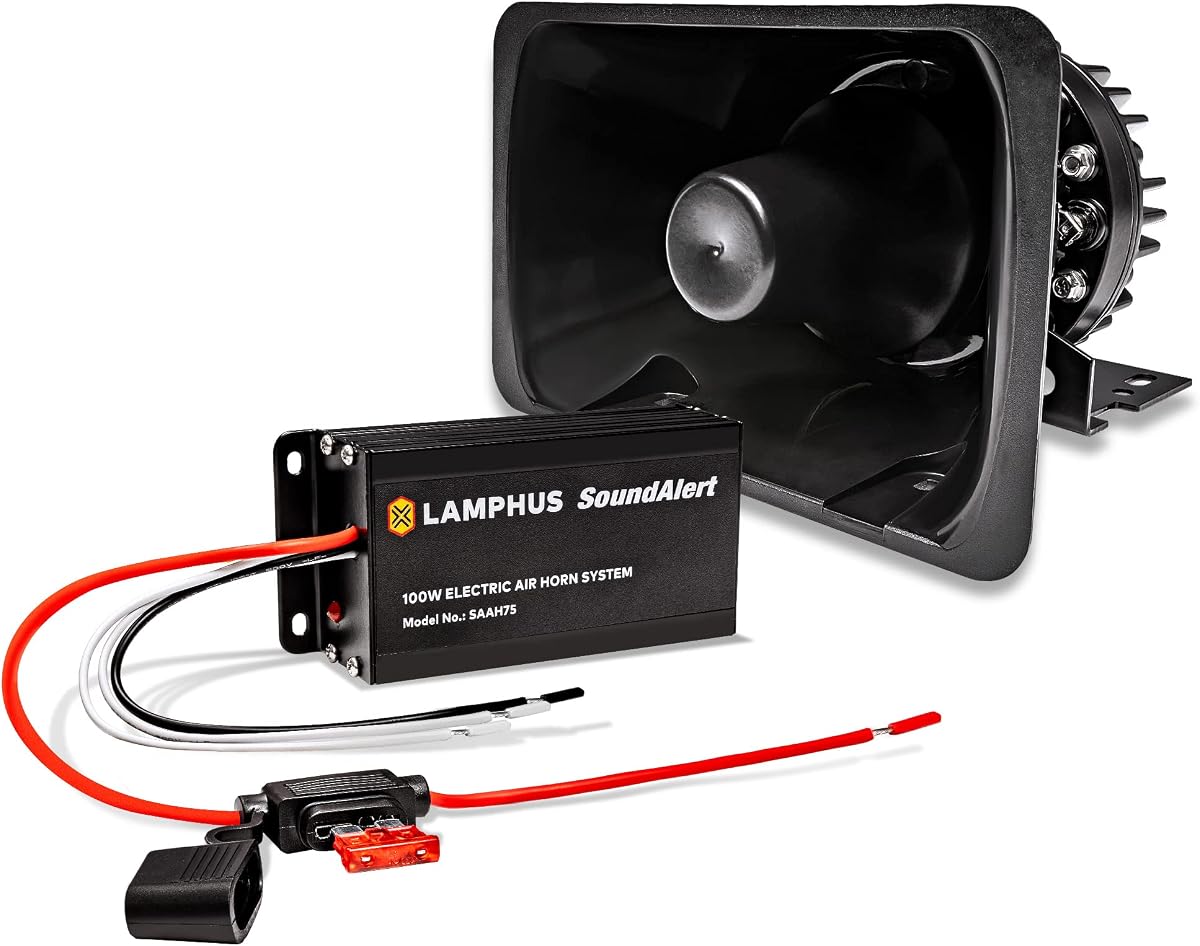 LAMPHUS SoundAlert 100W Electronic Air Horn for Car Truck Police Emergency | 120-130dB Bullhorn Speaker, Amplifier Kit, Manual Control or Stock Horn Bypass, 10A Fuse Protected