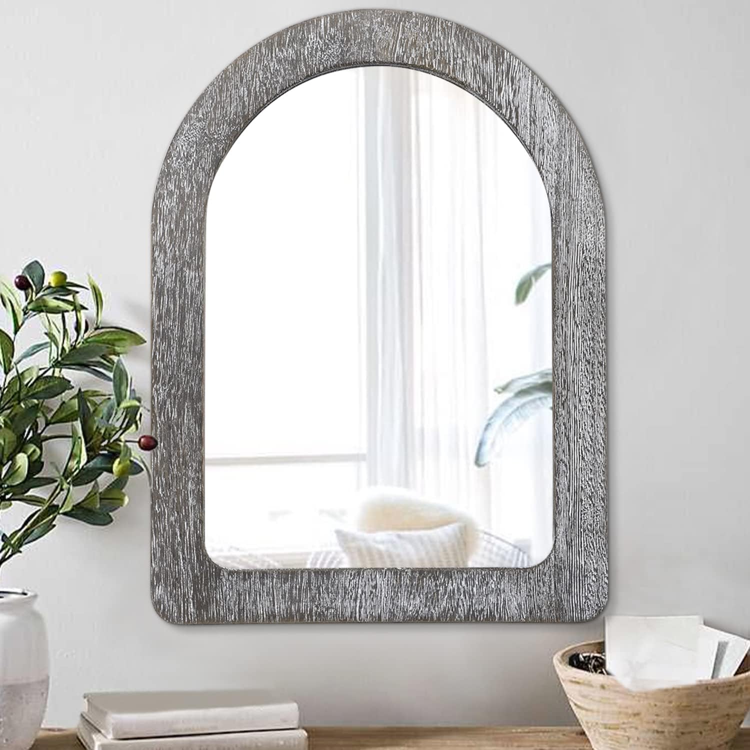 AAZZKANG Mirrors for Wall 20"x16" Rustic Wood Arched Mirror