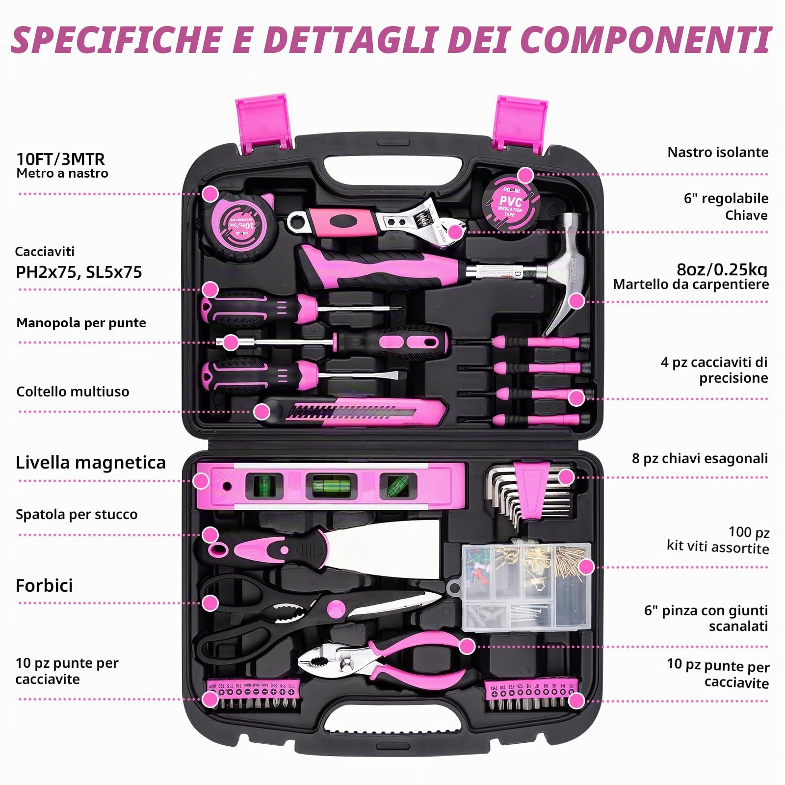DOWELL Kit di attrezzi per la riparazione domestica, 145 pezzi, con cassetta degli attrezzi, set completo di attrezzi manuali per la casa, tra cui martello, pinza, cacciavite e nastro di misurazione
