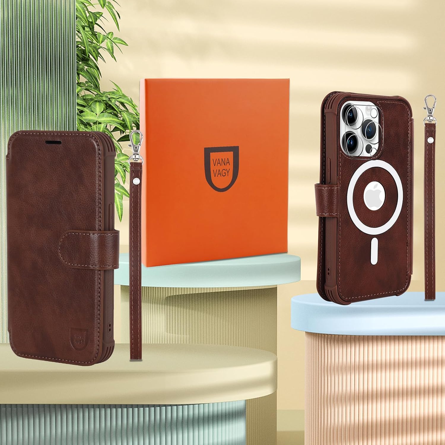 VANAVAGY Compatible for iPhone 14 Pro Wallet Case for Magsafe Wireless Charging, PU Leather Flip Folio Phone Cover with Wrist Strap RFID Blocking Card Holder Screen Protector,Brown