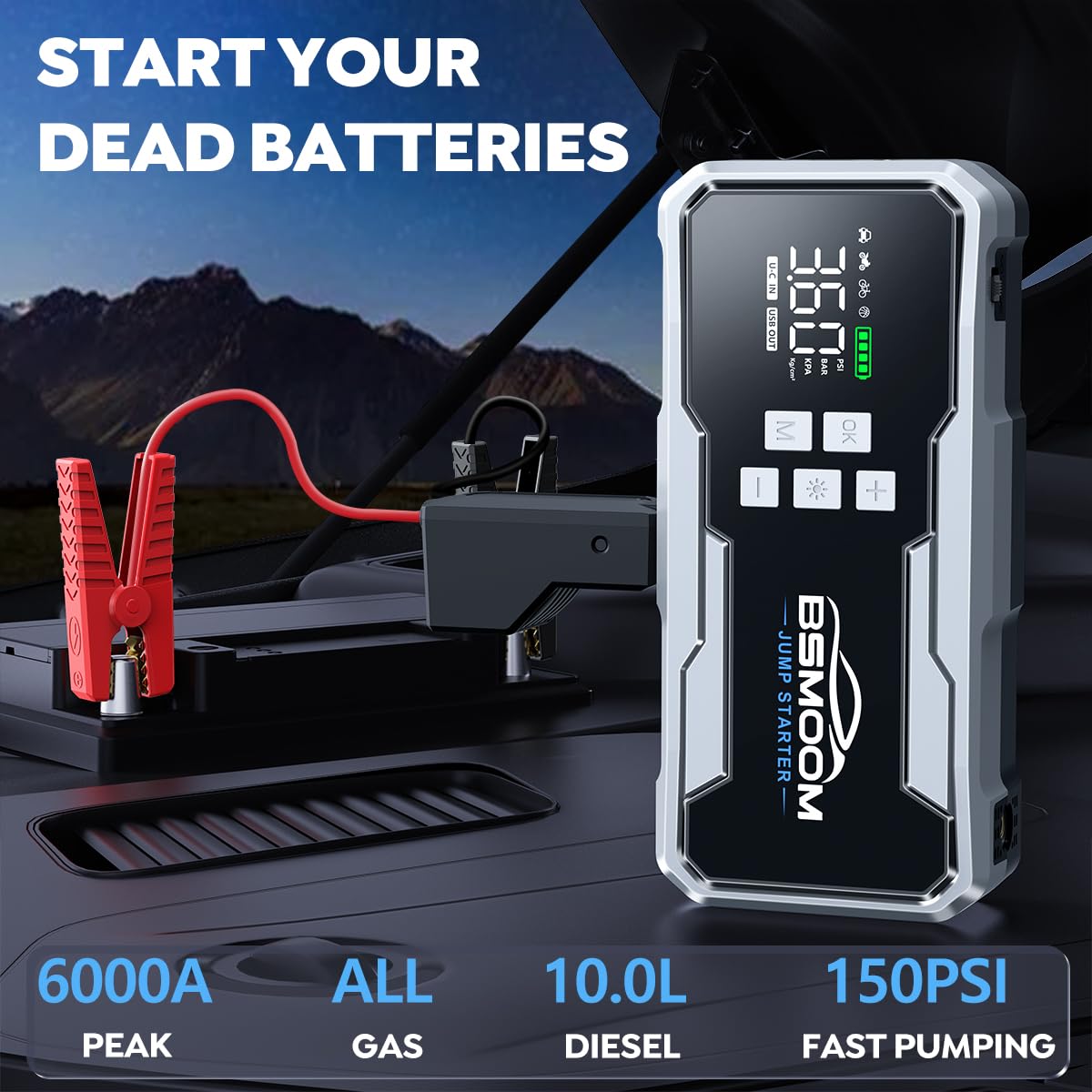 7000A Starthilfe Powerbank für Pkw mit Kompressor, 160PSI Spitzenstrom Starter Powerbank für 12V Fahrzeuge(Bis zu All Benzin/10.0L Diesel), Starthilfe mit 400 Lumen LED Licht und 3.3'' LCD Display