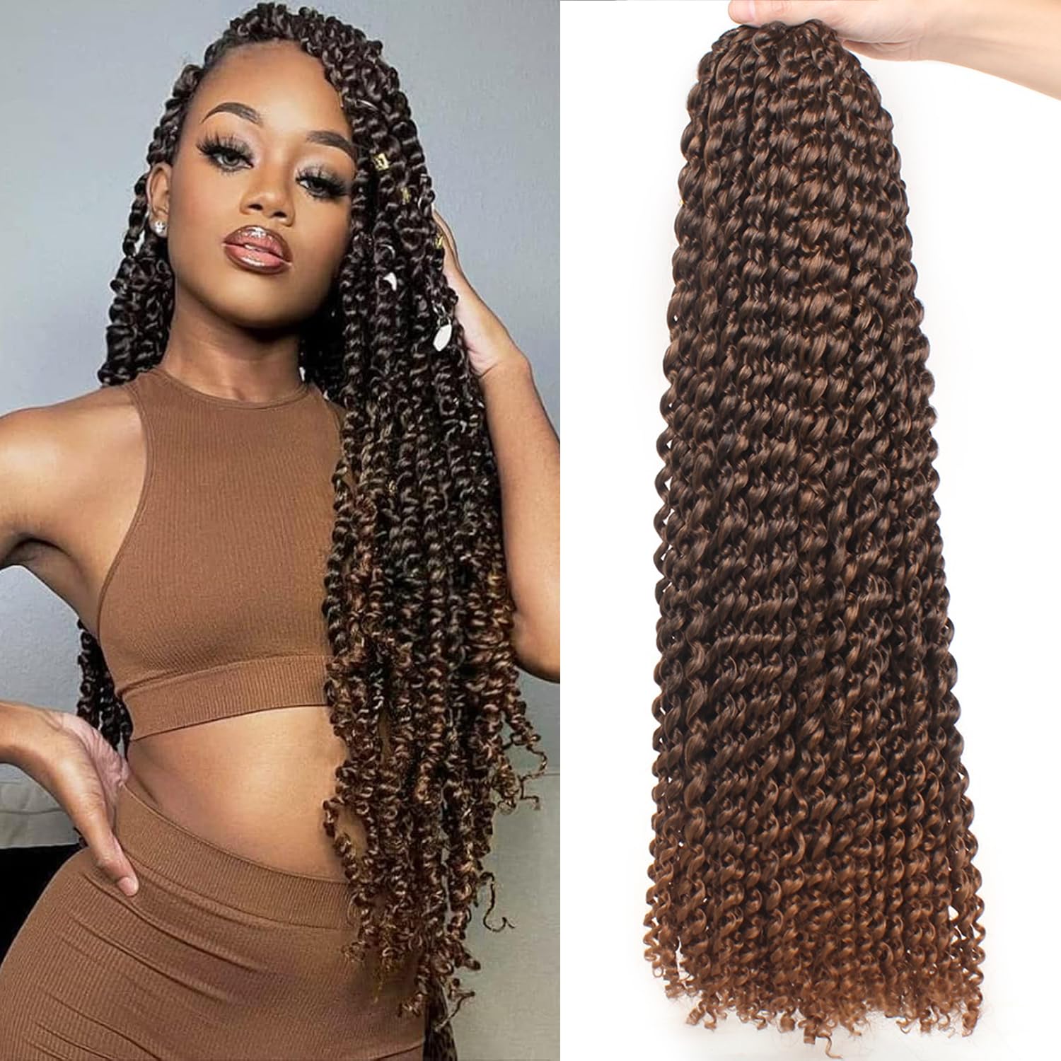 Mscat 7 Packs Passion Twist Water Wave Crochet Hair - 24 Inch Ombre Dark Brown Twists - Bohemian Synthetic Hair Extensions
