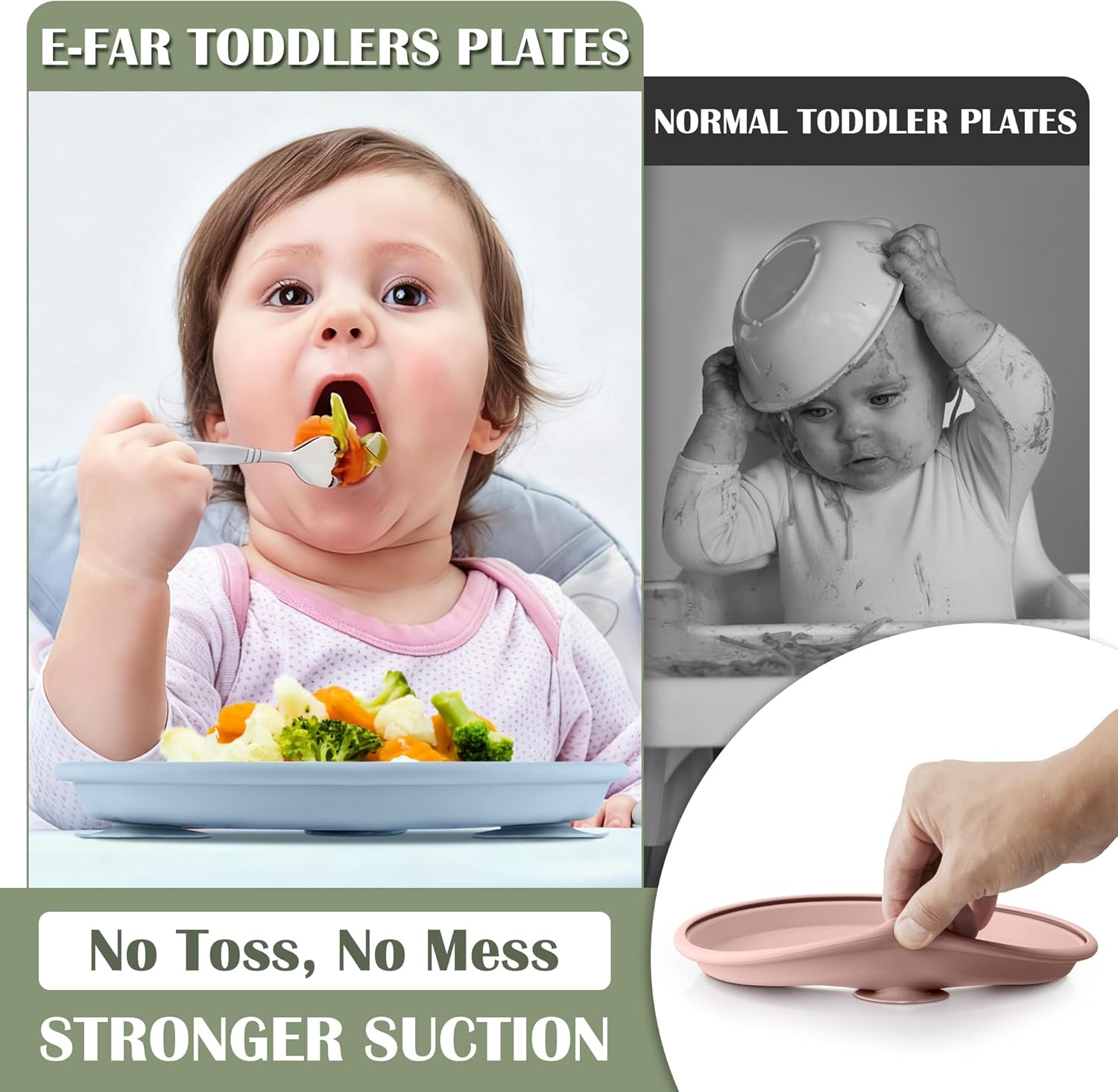E-far Stainless Steel Toddler Plates with Suction - 9" Kids Plates, 4-Pack Divided Unbreakable & Non-Slip Baby Dishes with Removable Silicone Sleeves, Dishwasher Safe