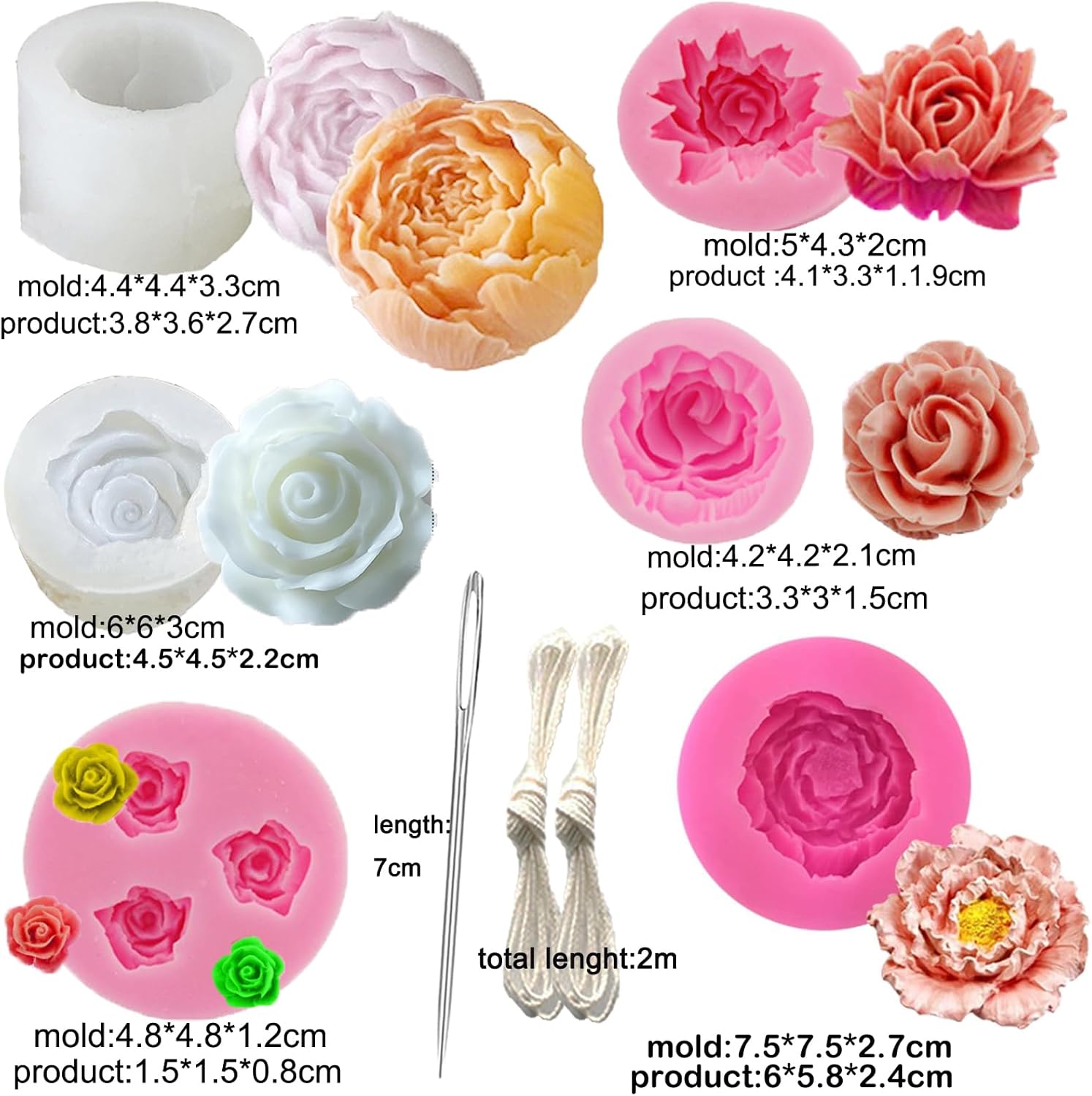 13 PCS Flower Silicone Candle Mold Flower Molds Candle Making Molds with Large-Eye Wicking Needle,Candlewick for Soy Wax, Beeswax, Candle Making Resin Cake Mold Clay Making Molds
