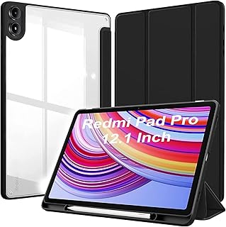 جراب حماية قابل للطي وشفاف ويدعم وظيفة النوم التلقائي والاستيقاظ من برو ايليت، لجهاز ريدمي باد برو 12.1 بوصة، أسود