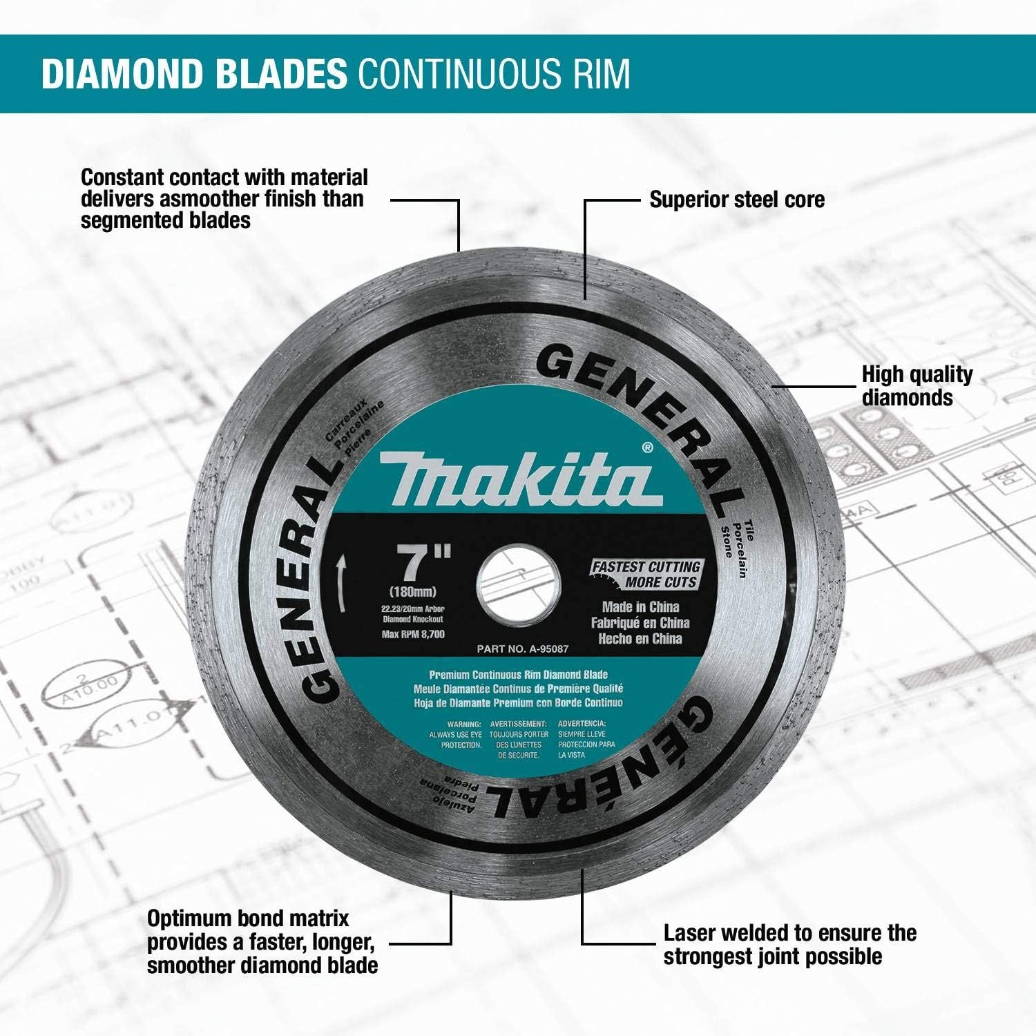 Makita A-95087 7" Diamond Blade, Continuous Rim, General Purpose