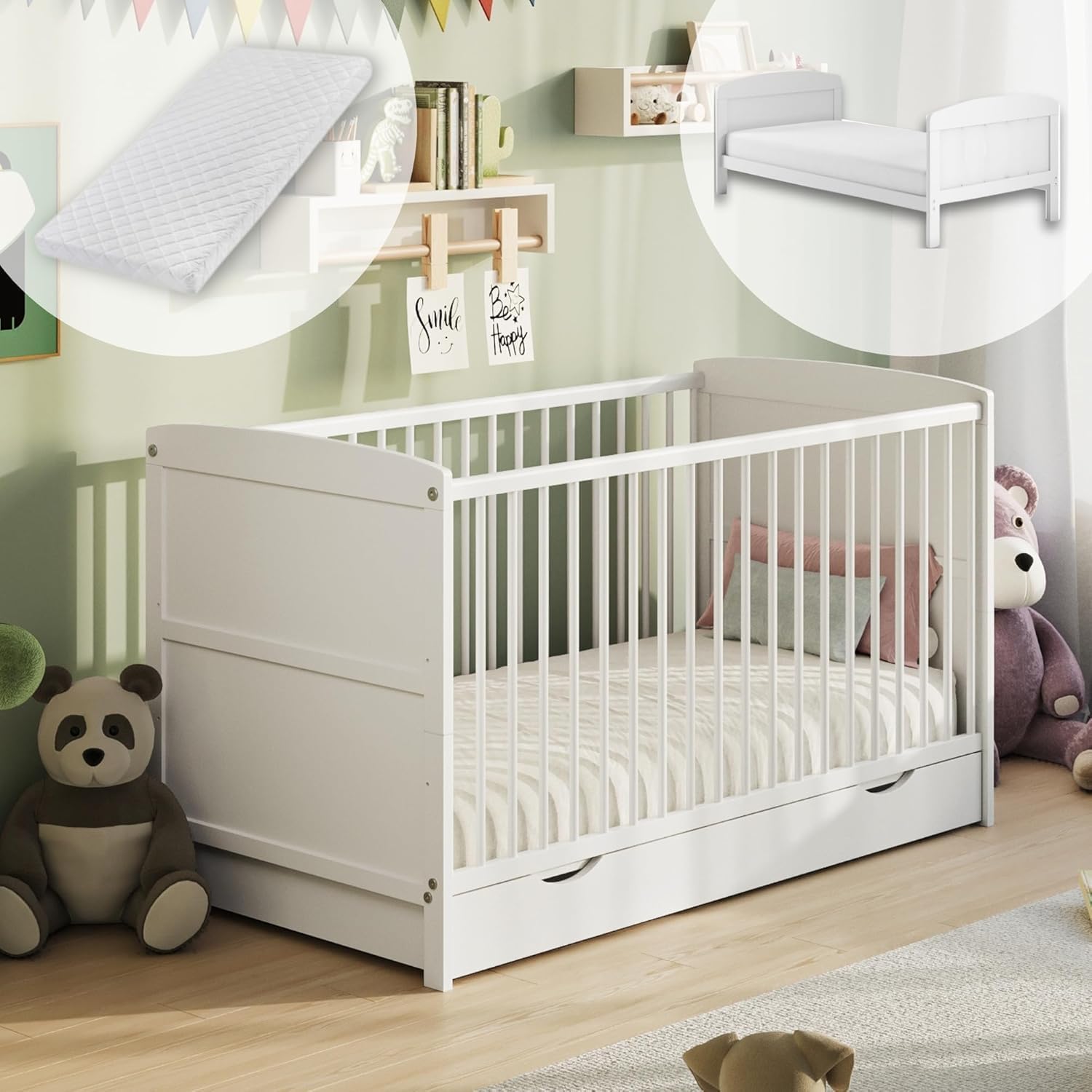 Lit bébé 70x140 avec tiroir, lit à barreaux, lit pour enfant, hauteur réglable et barreaux amovibles avec matelas | autres tailles : 60x120 cm | 70x140 cm : de la naissance jusqu'à 6 ans, blanc