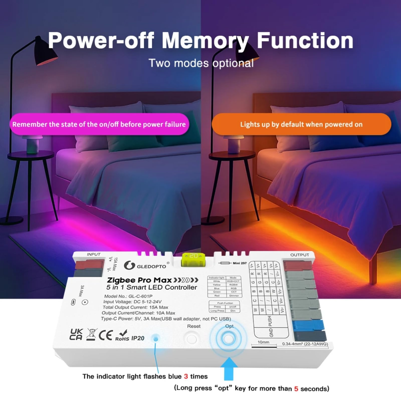 GLEDOPTO ZigBee Contrôleur LED 3.0, 5 en 1 RGBCCT RGBW RGB CCT Variateur Couleur Blanc 20A Sécurité Connectée App Contrôle Vocal Compatible avec Alexa H*ue Tuya Smart Life App Contrôle