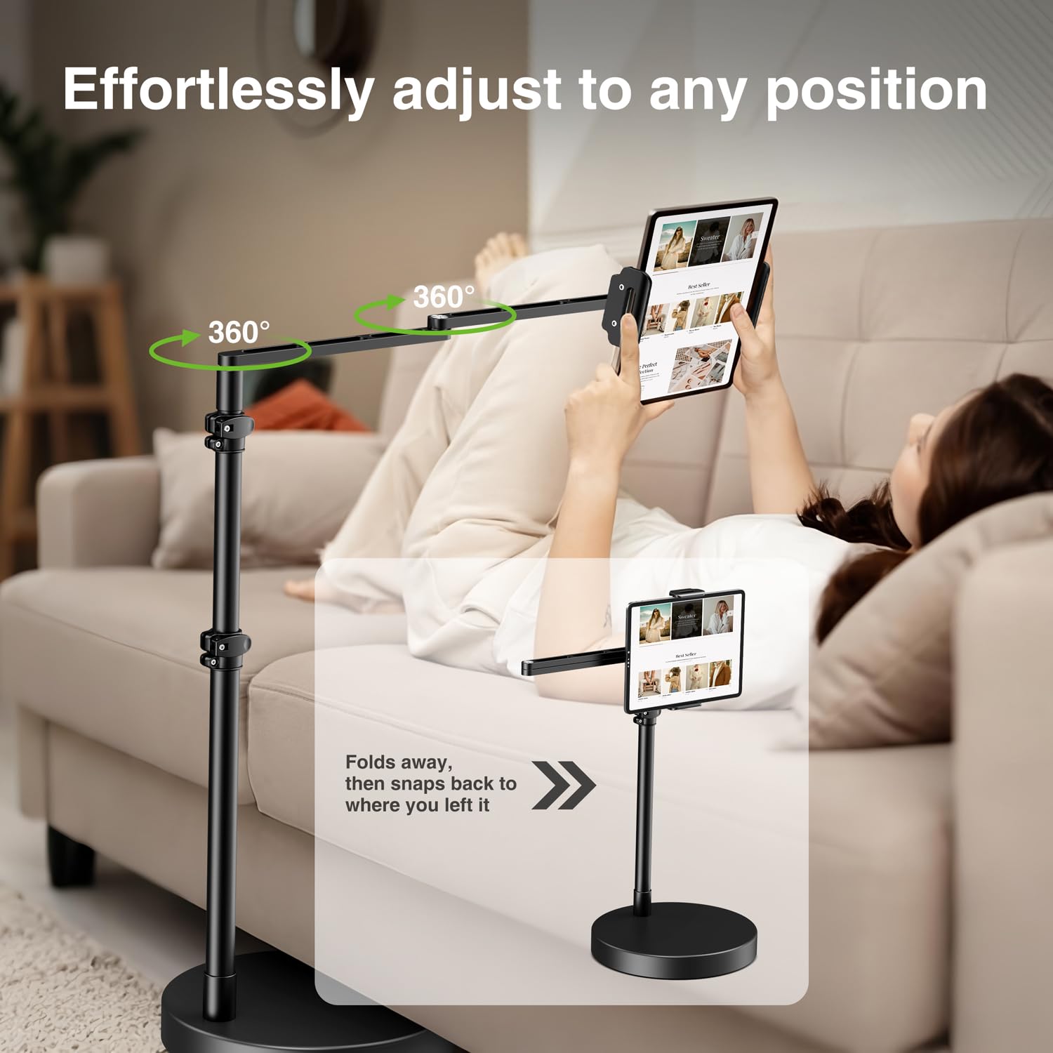 elitehood Regulowany stojak podłogowy na tablet z wytrzymałą podstawą, 61 cm, poziome, długie ramię, stojak podłogowy, do sofy, kompatybilny z urządzeniami iPad mini Air Pro 13/12.9 i 11.9-33.0 cm