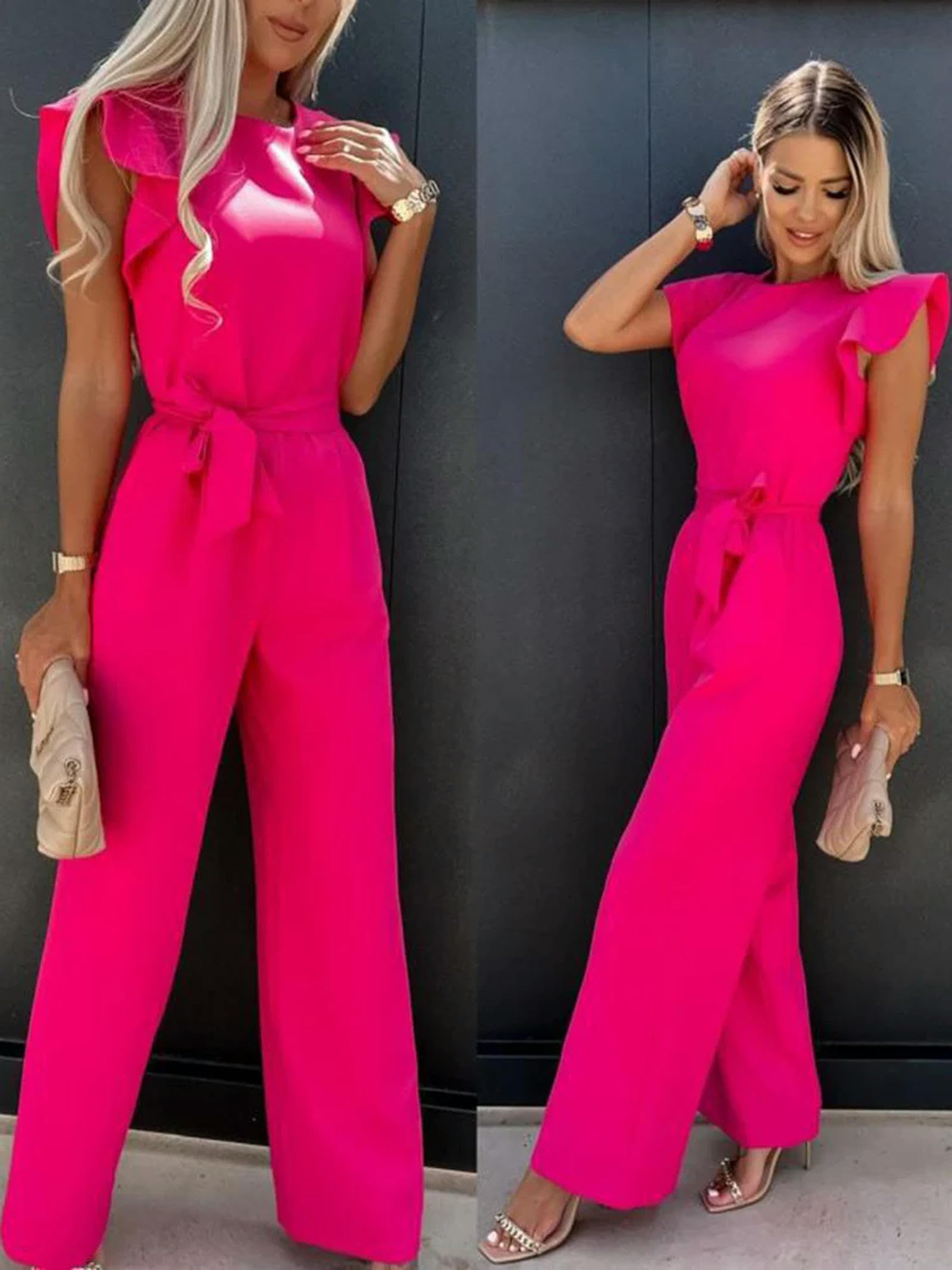 2024 Été À Manches Courtes Jambe Large Combinaison pour Femmes Élégant Barboteuse Vintage Streetwear Combinaisons Salopette Femmes Jump Suit Femme-Rose Rouge-L