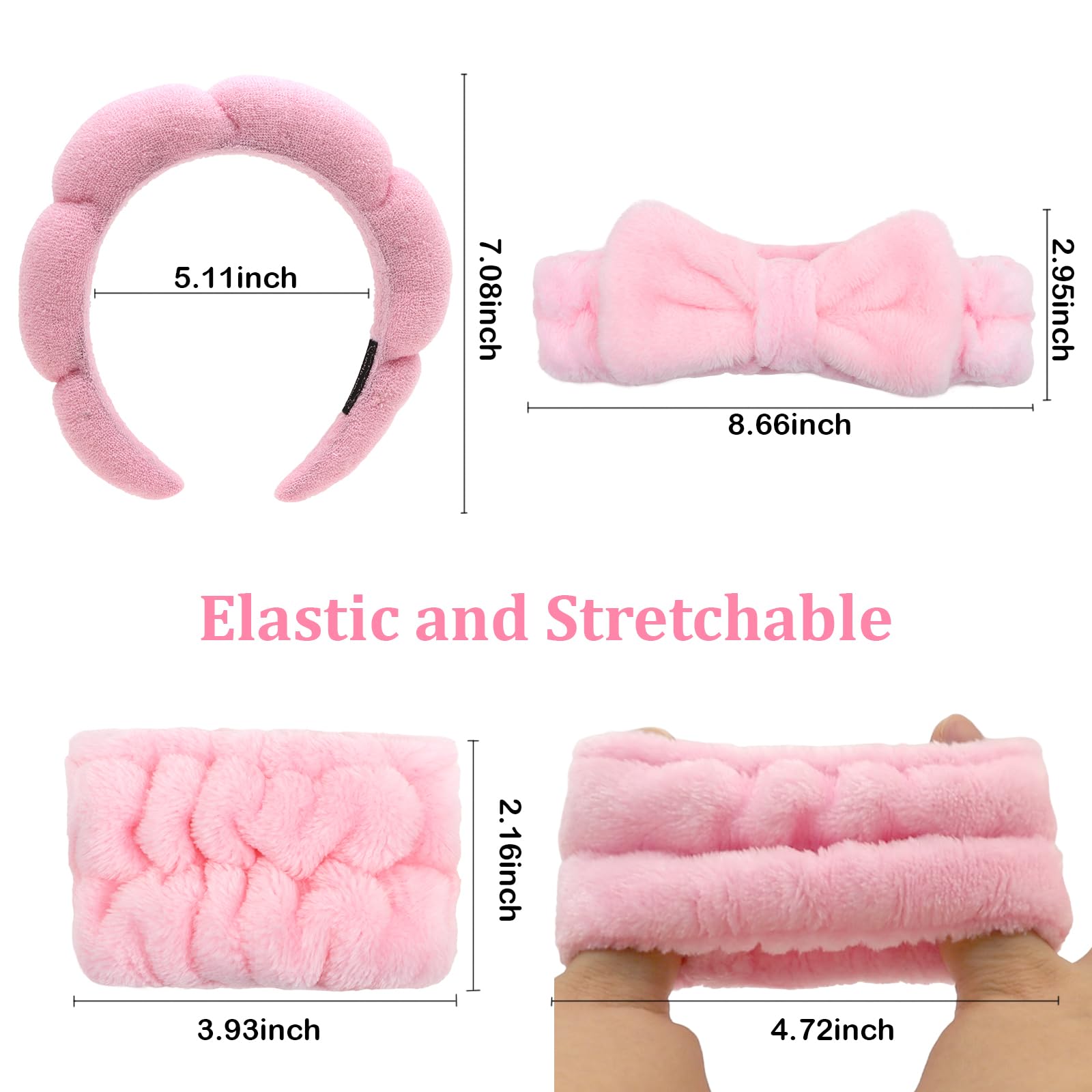 Set di fascia e braccialetto rosa per spa, fascia per lavare il viso, spugna, fasce per la cura della pelle, fasce per il trucco per donne e ragazze, fascia per la cura della pelle, morbida