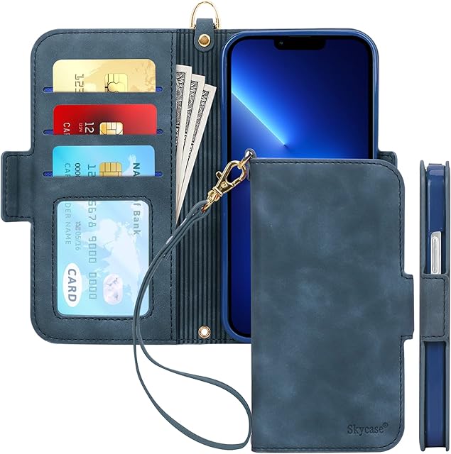 Skycase iPhone 13 Pro Case, iPhone 13 Pro 6.1" Case 2021,[RFID Blocking] [Kickstand Protective Cover] Handmade Flip Folio Wallet Case with Card Slots and Hand Strap for Apple iPhone 13 Pro 6.1",Blue