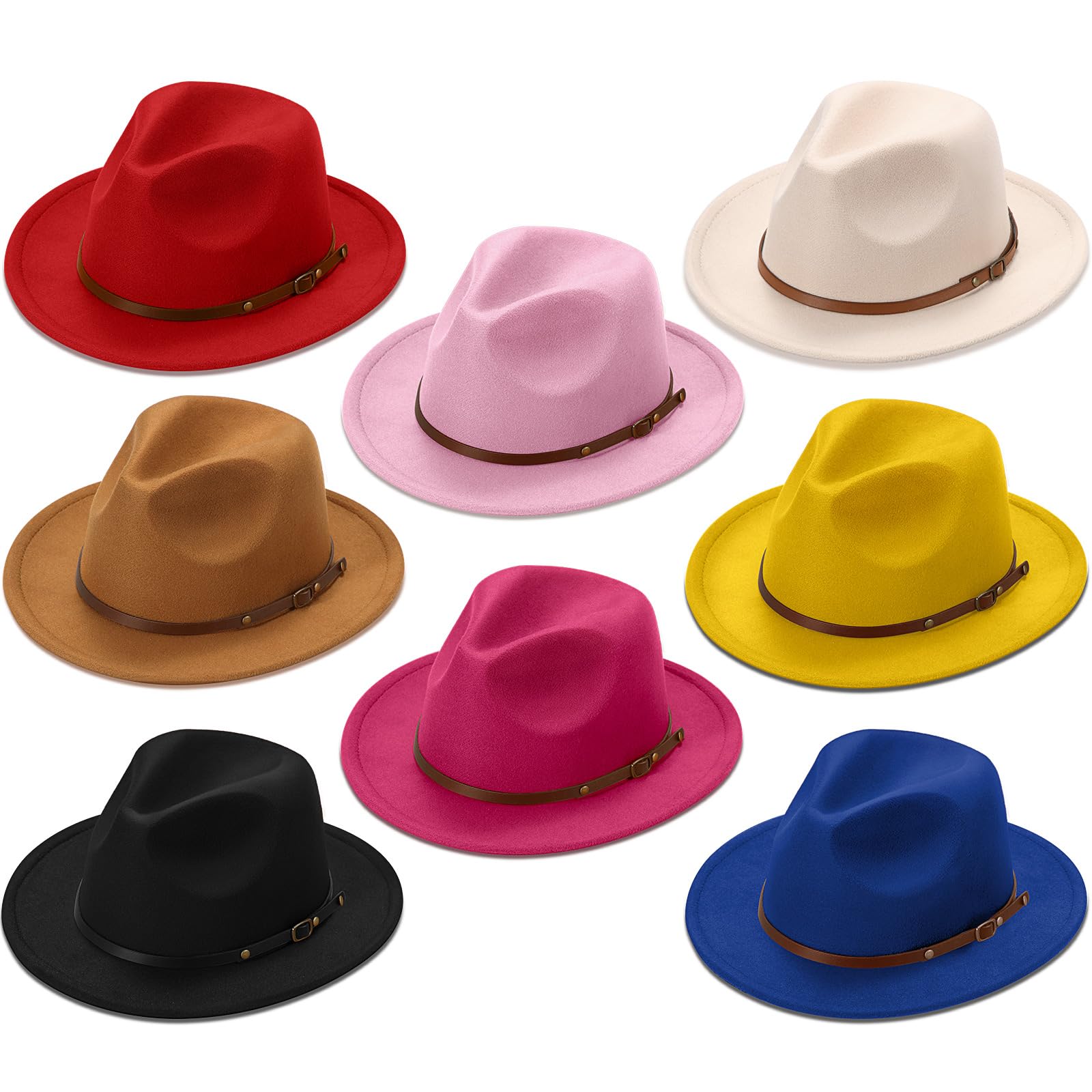 Unittype 8 Pcs Felt Hats for Women Classic Wide Brim Floppy Panama with Adjustable Belt Buckle Vintage Boho Jazz Dress Cap