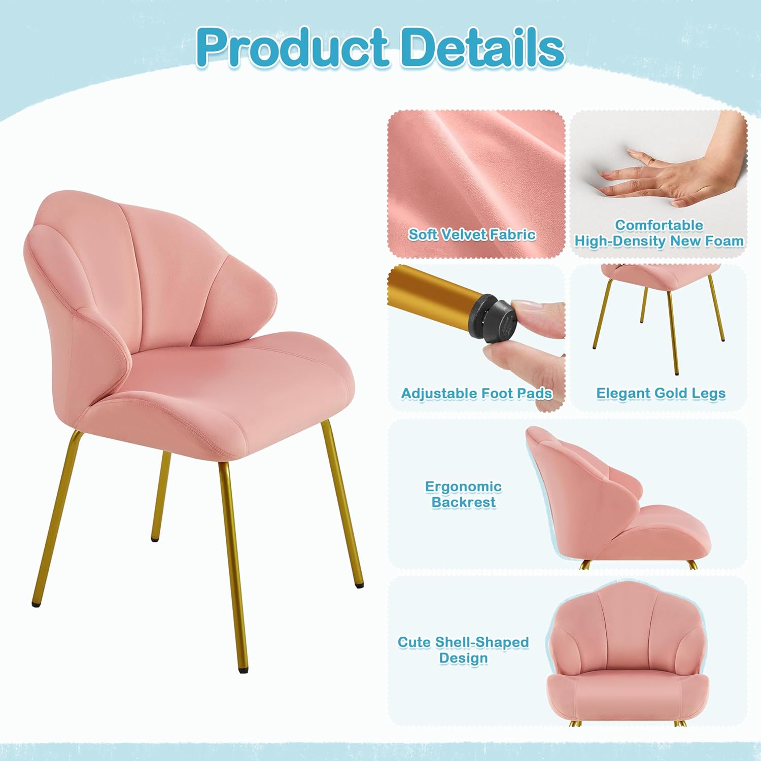 Yaheetech Vanity Chair, Velvet Accent Chair with Shell-Shaped Backrest, Modern Armchair with Gold Metal Legs for Dressing Room/Bedroom/Living Room, Pink