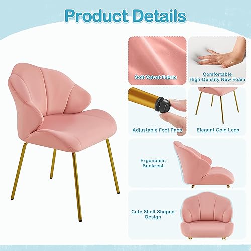 Miniatura 6 de Yaheetech Silla de tocador, silla decorativa de terciopelo con respaldo en forma de concha, sillón moderno con patas de metal dorado para