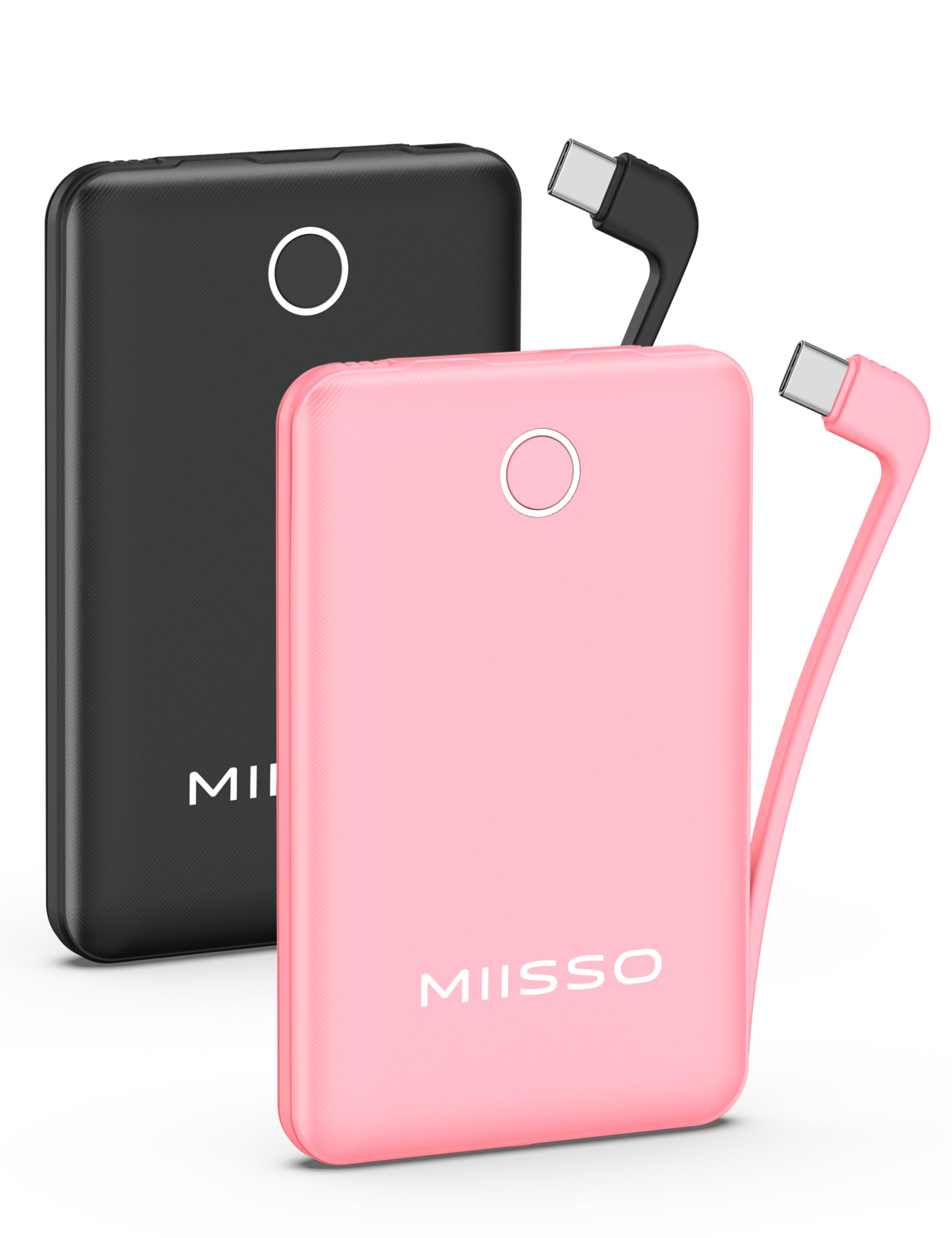 10000mAh Compatible with iPhone 15/16/17 and Android, Slim Portable Charger with Built in Cable, Power Bank Travel Charger External Battery Pack for Phone, 3 Output USB Type C, 2 Pack Black & Pink