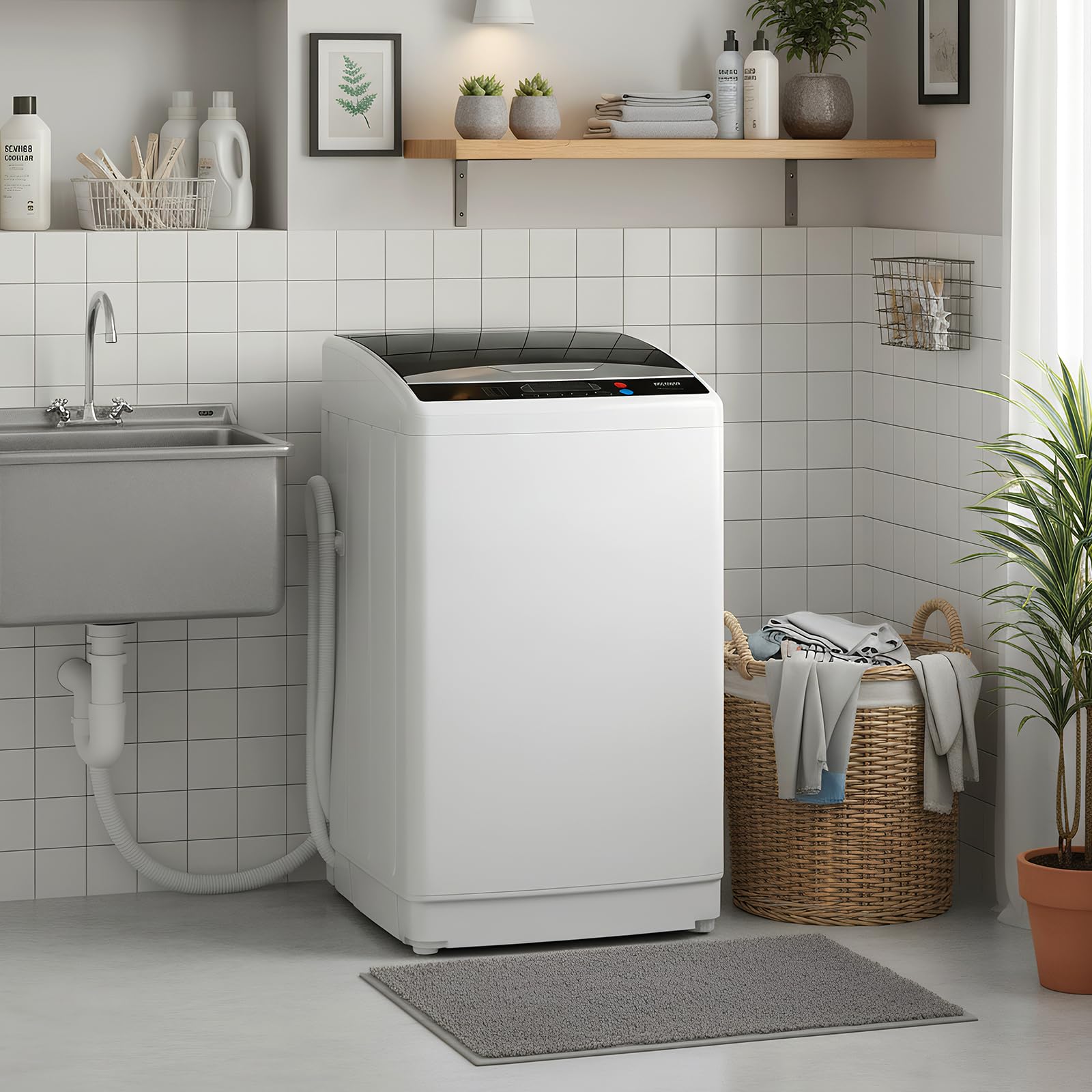 ROVSUN Lavadora de carga superior de 7 kg, lavadora de carga superior pequeña con 8 programas de lavado y 5 niveles de agua, temporizador de 24H, 60-70 dB, lavadora pequeña de 51 × 47 × 87 cm (7 kg)