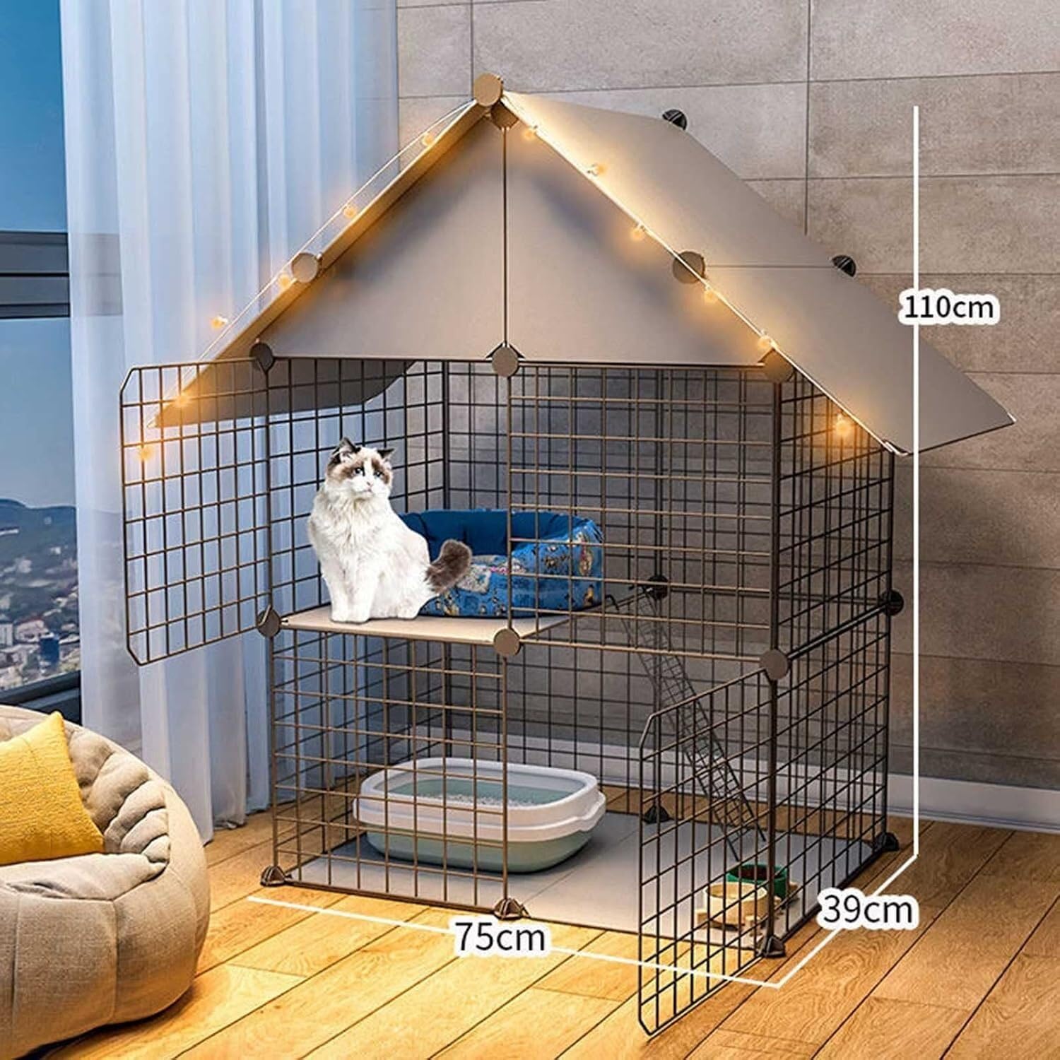 Dwupoziomowa obudowa dla zwierząt – składana i hamak(Bianco,B(A+cat nest+hammock))