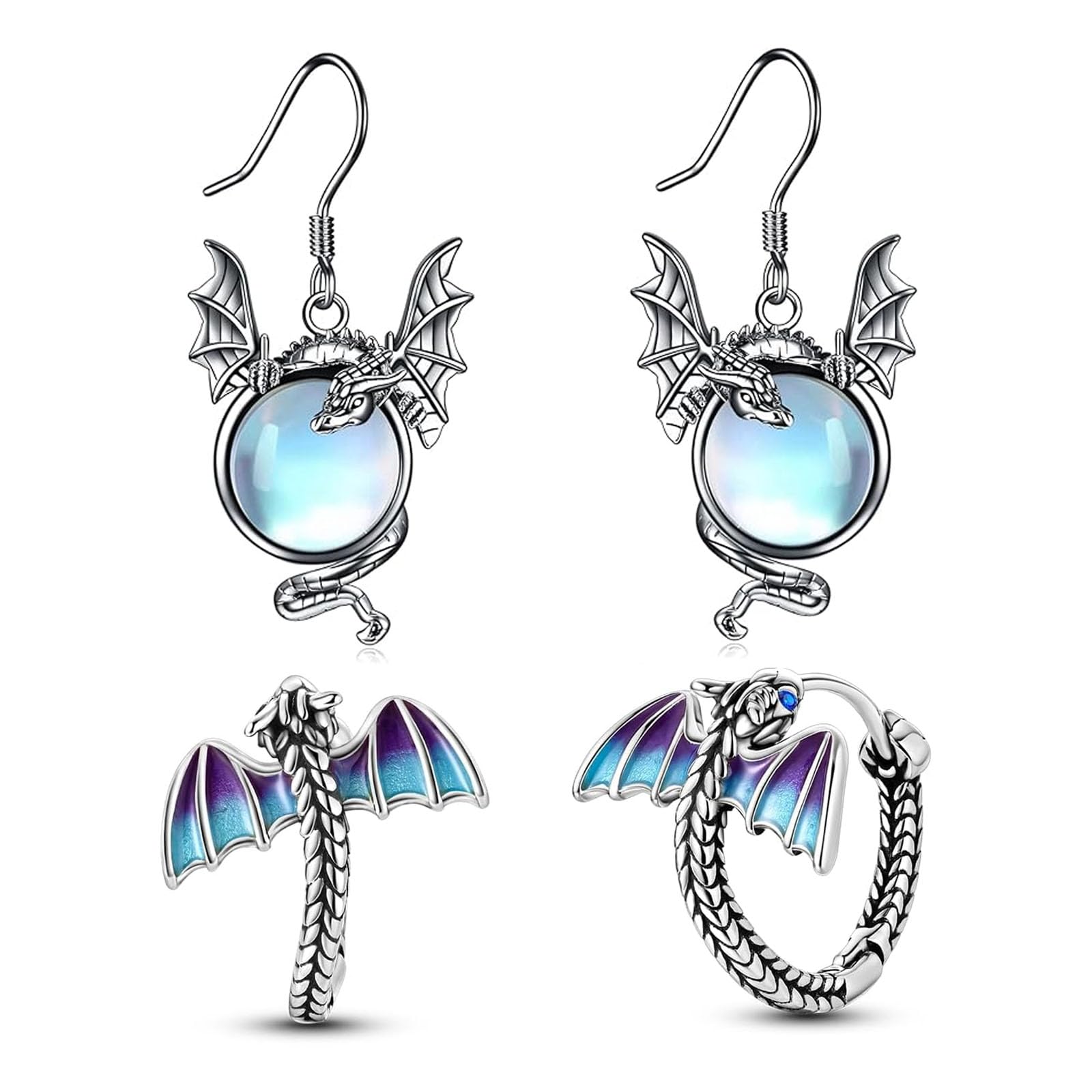 2 Pairs Fantasy Dragon Earrings for Women Men, Unique Animal Earrings Moonstone 925 Sterling Silver, Cute Dragon Gifts for Mom Gifts
