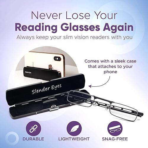 Miniatura 2 de Slender Eyes Lentes de lectura compactos con marco y lentes de calidad óptica ultra alta, incluye funda que actúa como soporte para teléfono