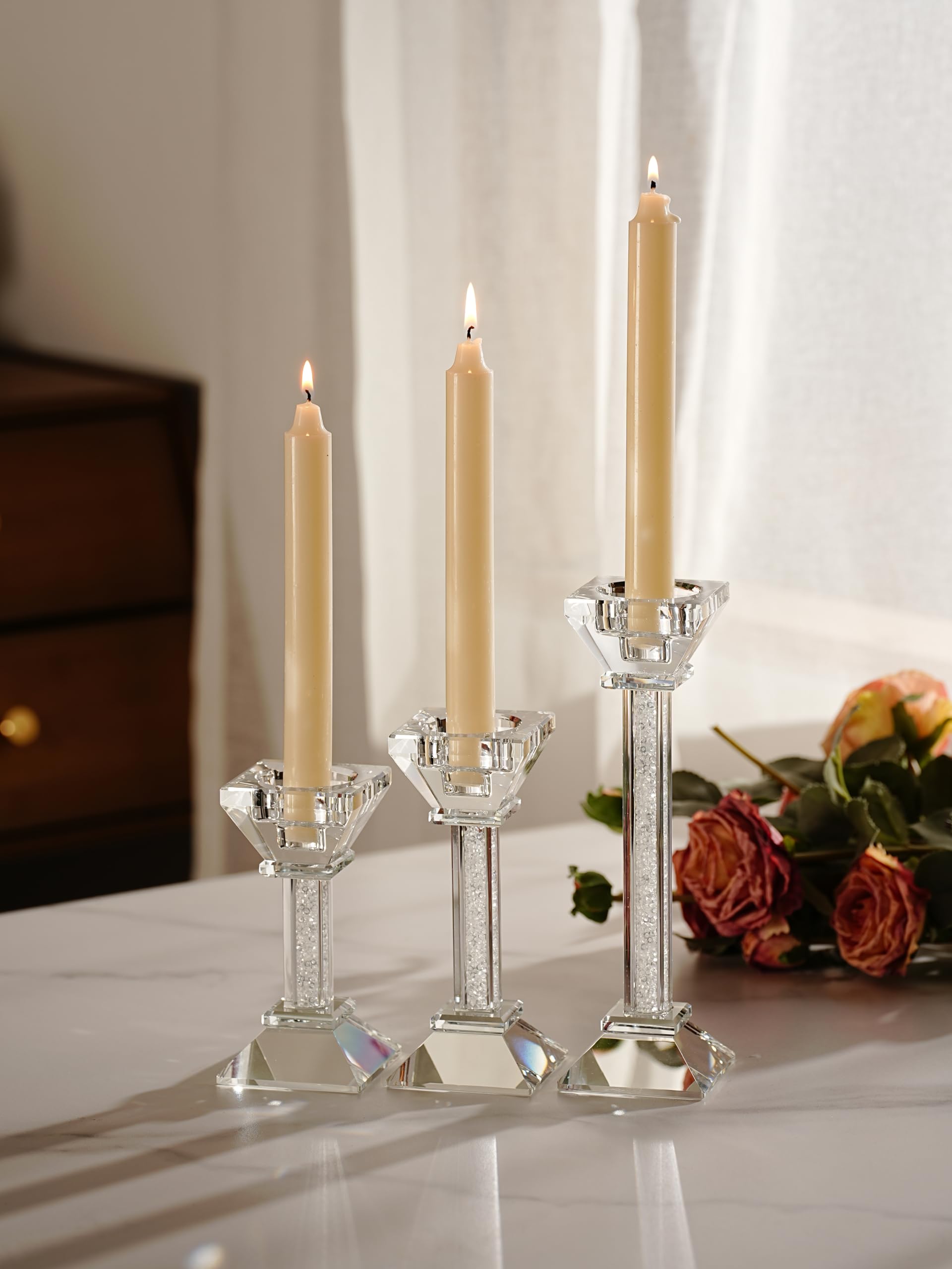 Set di 3 portacandele in cristallo, con gemme trasparenti a pilastro, centrotavola ultra elegante e moderno, decorazione per la casa per caminetto, ideale per eventi speciali, matrimoni, feste di
