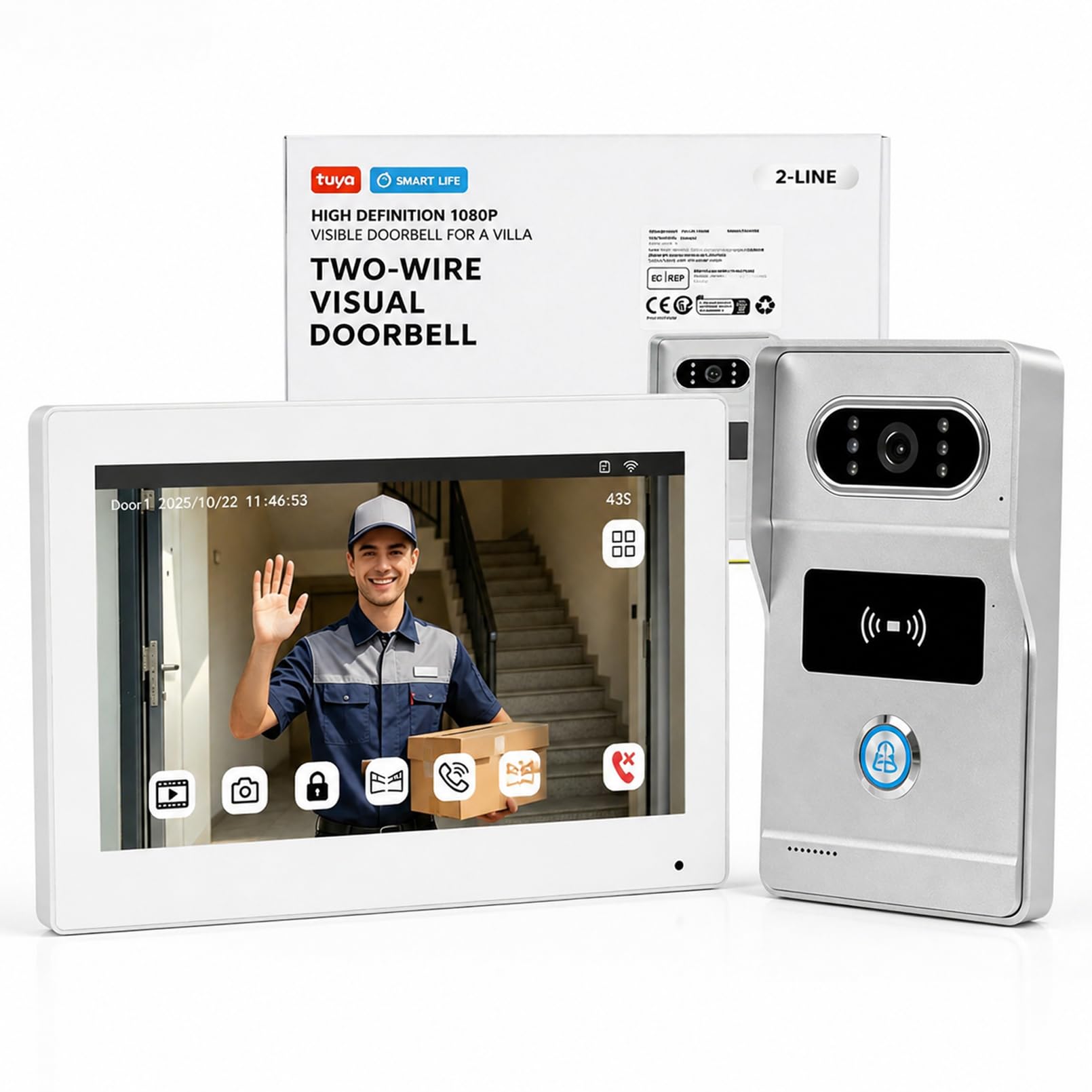 Tuya - Campanello WiFi con tecnologia a 2 fili, trasmissione video e audio da 2 MP, sblocco scheda RDID, visione notturna a 120° e facile installazione, 1 casa di famiglia