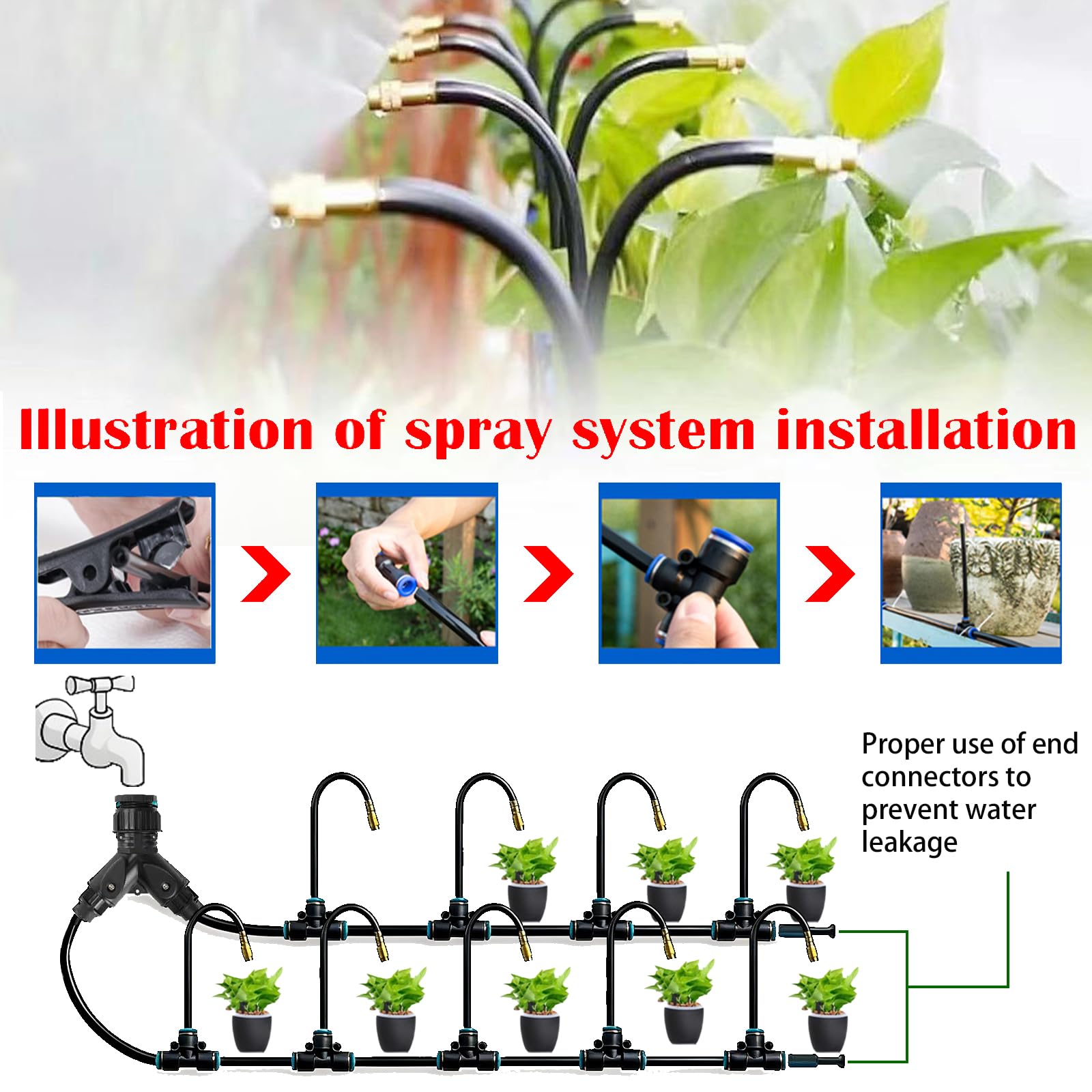 Sistema de riego de jardín flexible a 360°, sistema de riego de 100 pies con 16 boquillas de pulverización ajustables, nebulizador Gardineer para sistema de refrigeración de niebla al aire libre