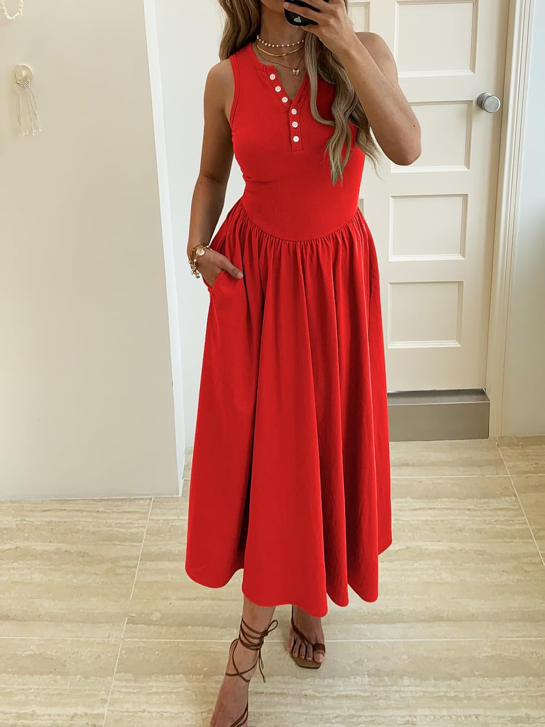 Women's Summer Casual Dresses Sleeveless Knitted V Neck Sundress Drop Waist A Line Long Maxi Dress with Pockets - Image 2