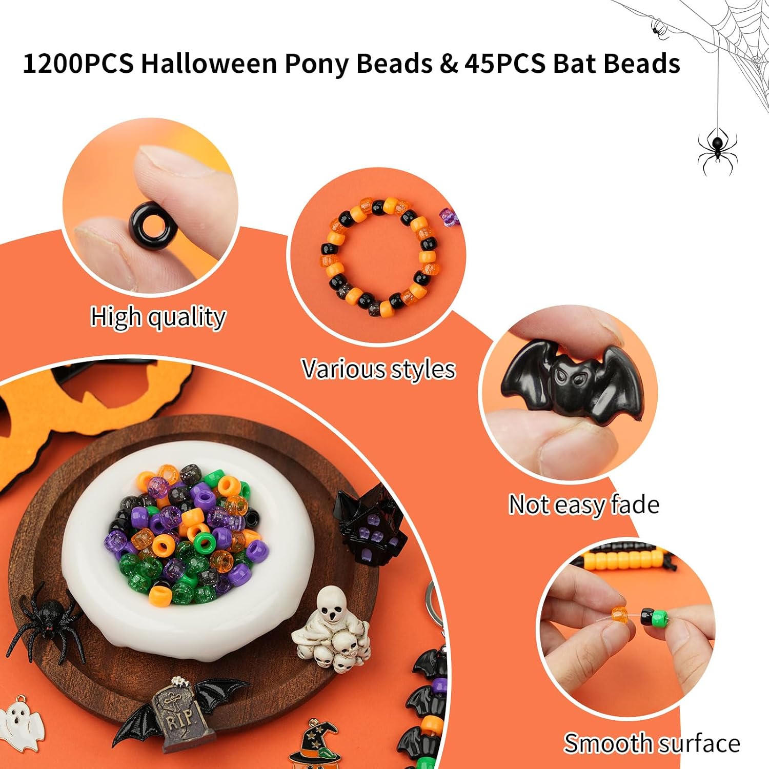 1200pcs Halloween Pony Beads Bulk, 45pcs Black Bat Beads, Black Purple Orange Green 6x9mm Plastic Kandi Beads for Friendship Bracelets, Hair Braids, Jewelry Making and DIY Halloween Party Crafts