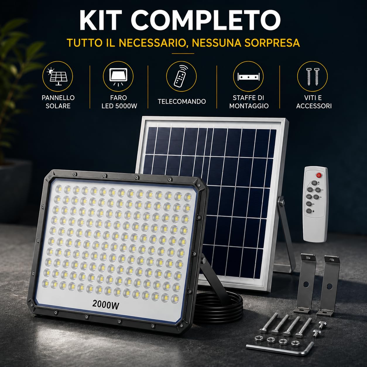 Faretto LED da Esterno Solare 2000W con Pannello Solare e Telecomando, Faro LED Esterno con Pannello Solare IP66, Luce Solare da Esterno per Giardino Cortile Sicurezza [Classe di efficienza energetica