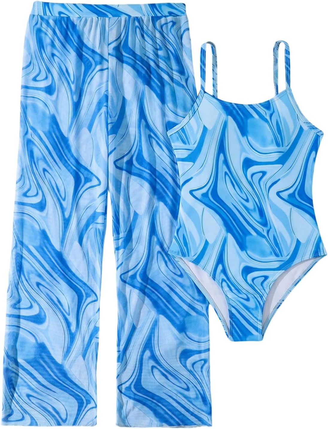 SOLY HUX Girl's One Piece Swimsuit Marble Print Bathing Suit Summer Beach Vacation Swimwear with Cover Up Pants