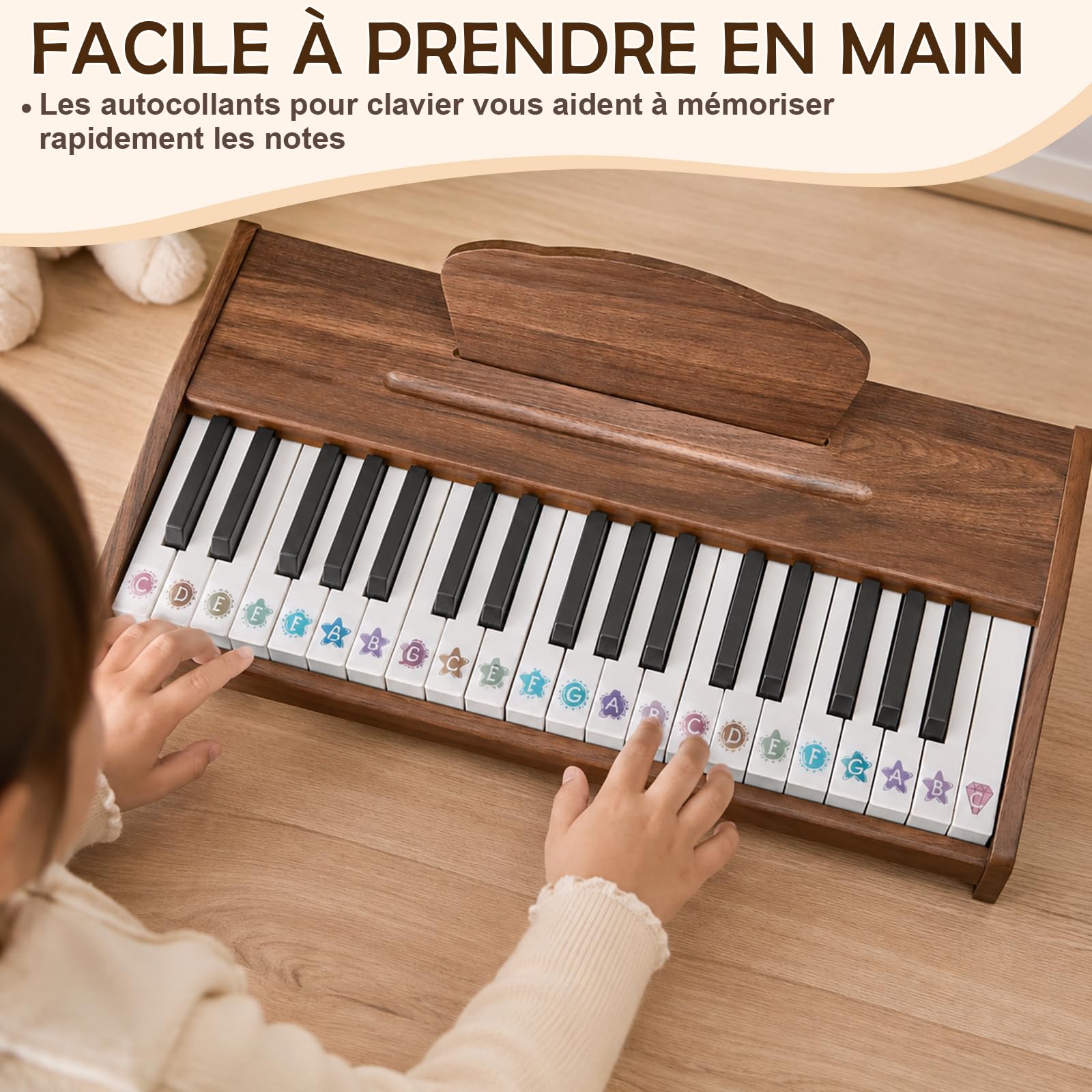 Piano Numérique Enfants 37 Touches, Instrument Éducatif de Musique (Noyer)