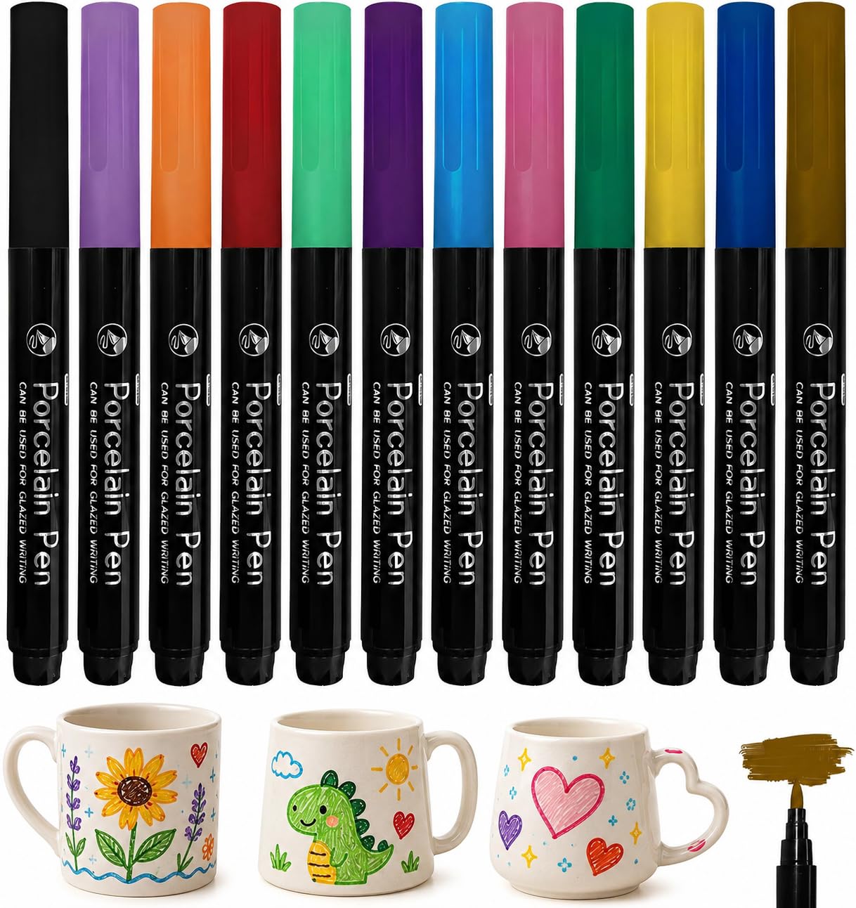 Maggasacca 12 Colors Porcelain Pens – Dishwasher Safe, Waterproof & Stain-Resistant Porcelain Markers for Ceramic, Glass & Stone Painting Projects