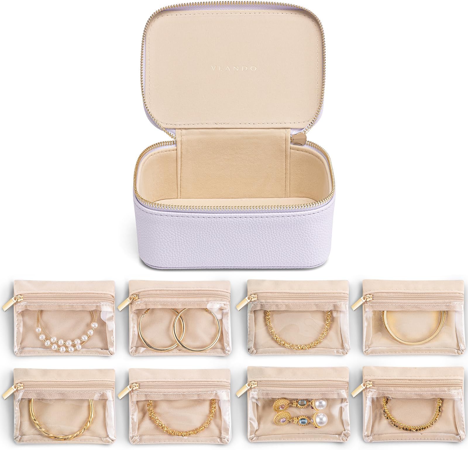 Vlando Jewellery Box, Litchi Pattern Jewellery Organiser,Travel Jewellery Storage with 8 Velvet Jewellery Pouches,Premium Petal Hardware Jewellery Case,Purple